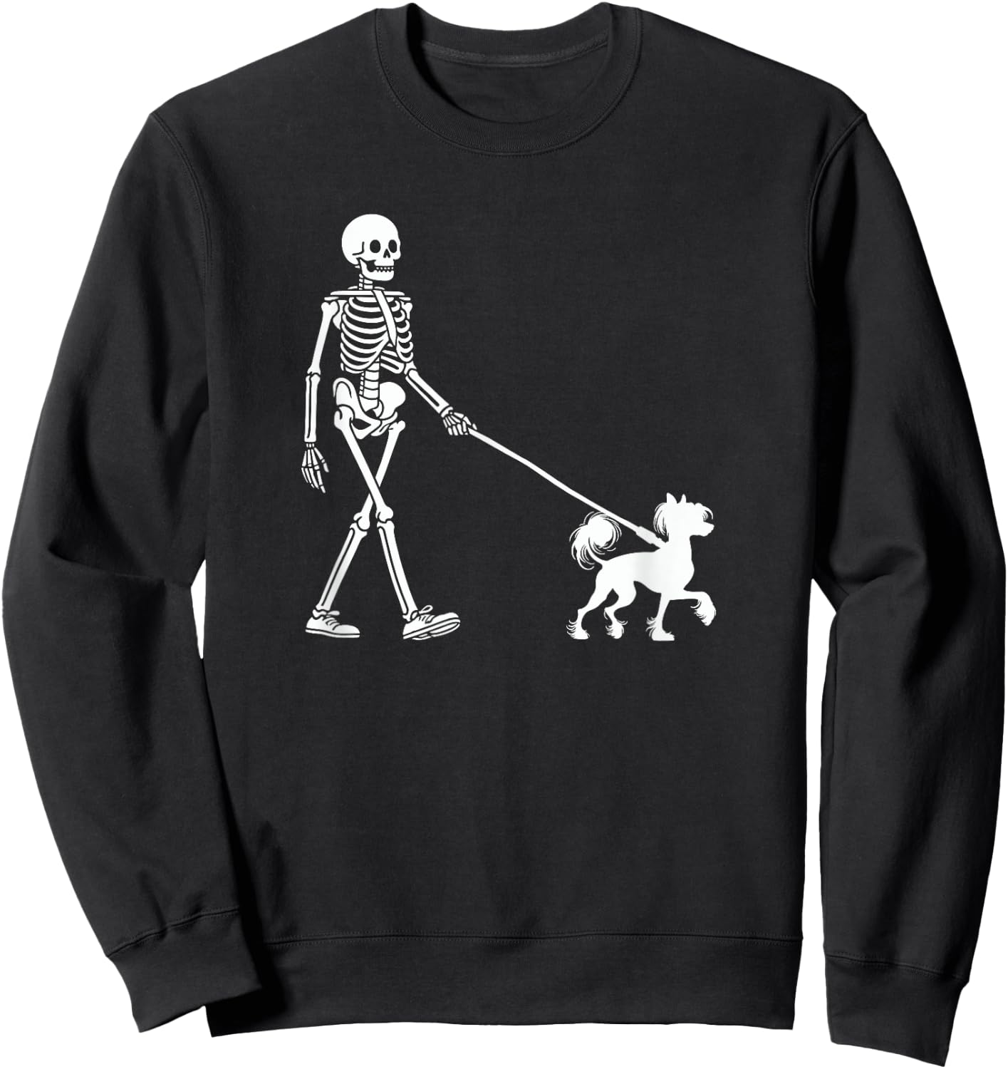 Skeleton Walking a Dog Chinese Crested Dog Halloween Outfit Sweatshirt - Sweatshirt | Black