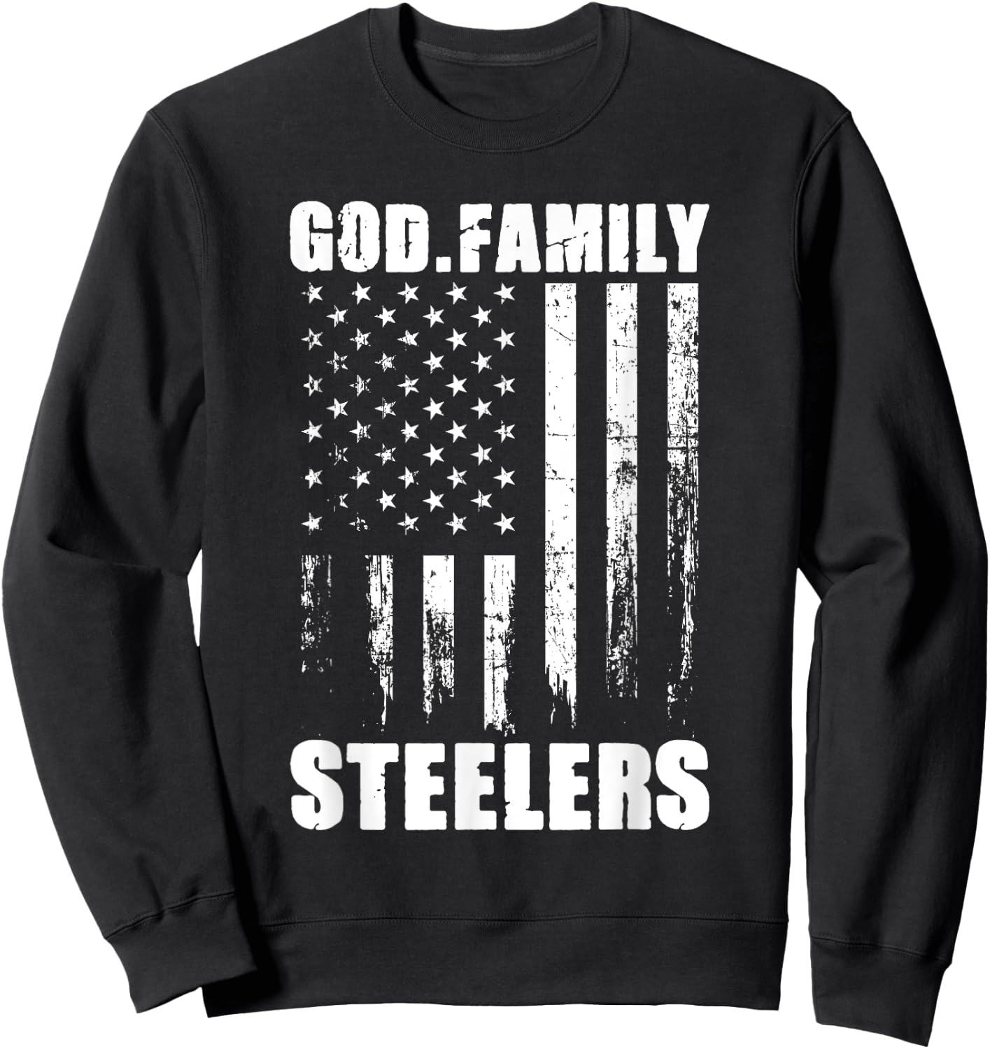 God. Family. Steelers. Vintage USA Flag Sweatshirt - Sweatshirt | Black