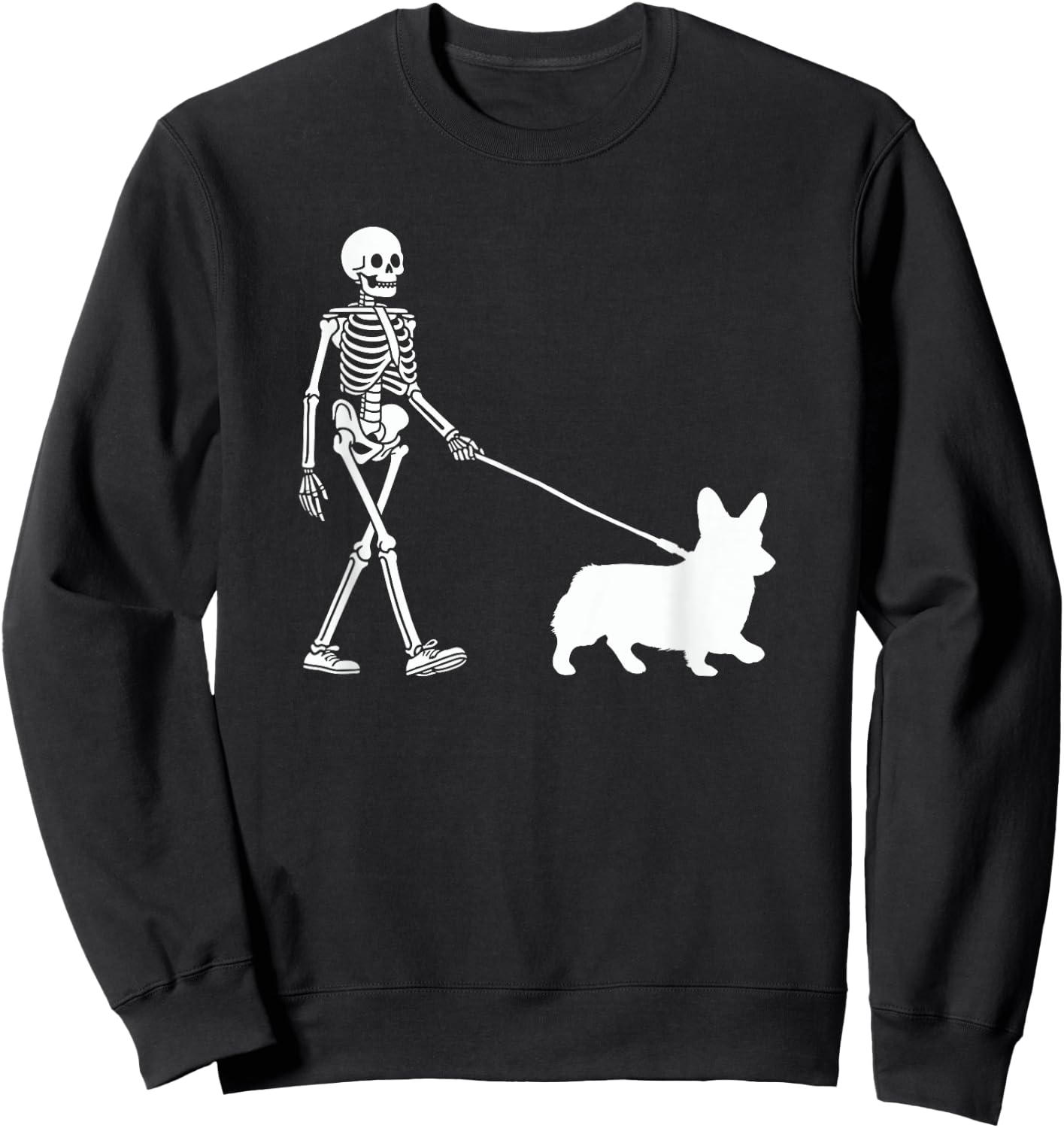 Skeleton Walking a Dog Corgi Lover Halloween Outfit Sweatshirt - Sweatshirt | Black