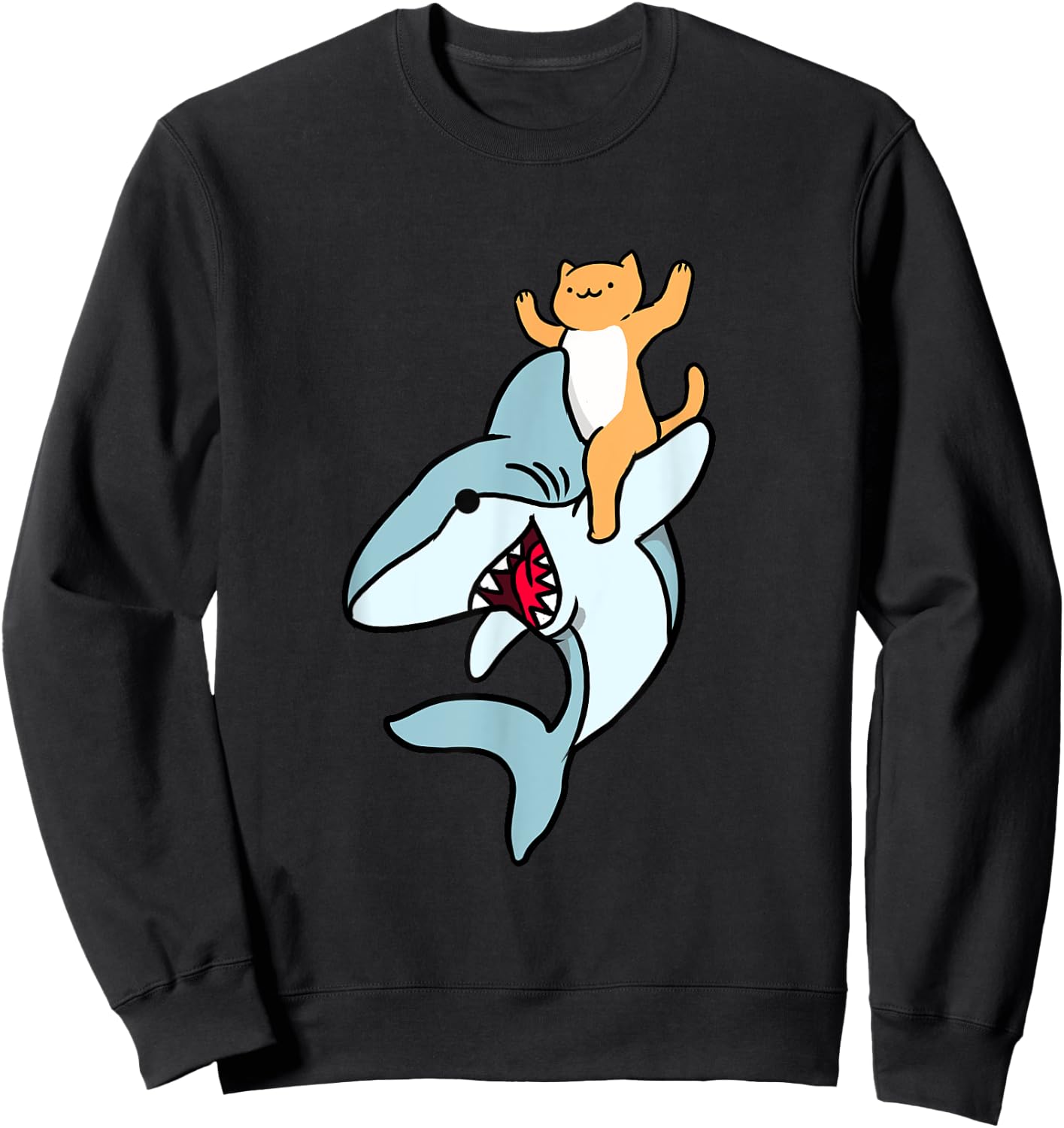 Cat Riding Shark Men Women Kids Sweatshirt - Sweatshirt | Black