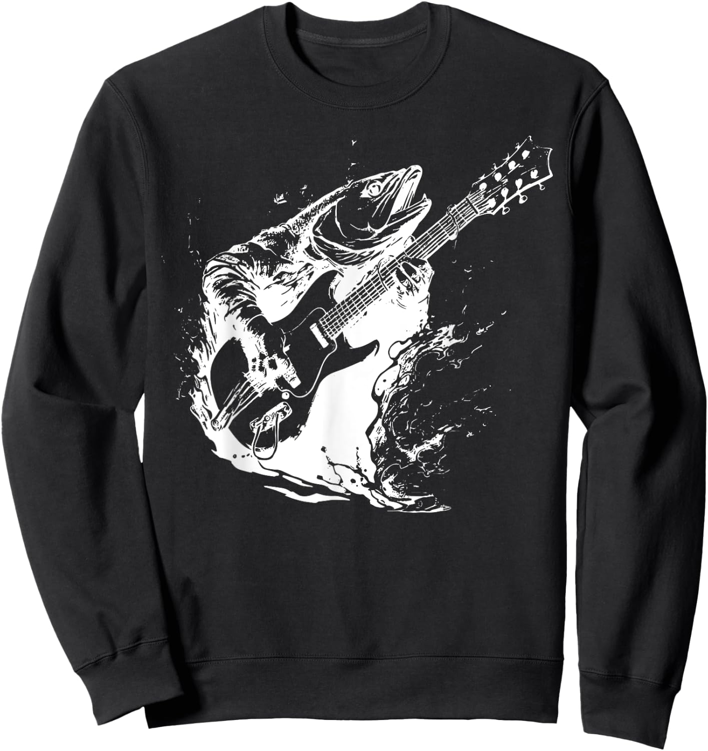 Retro Trout Playing Guitar Funny Fish Guitarist Music Lovers Sweatshirt - Sweatshirt | Black
