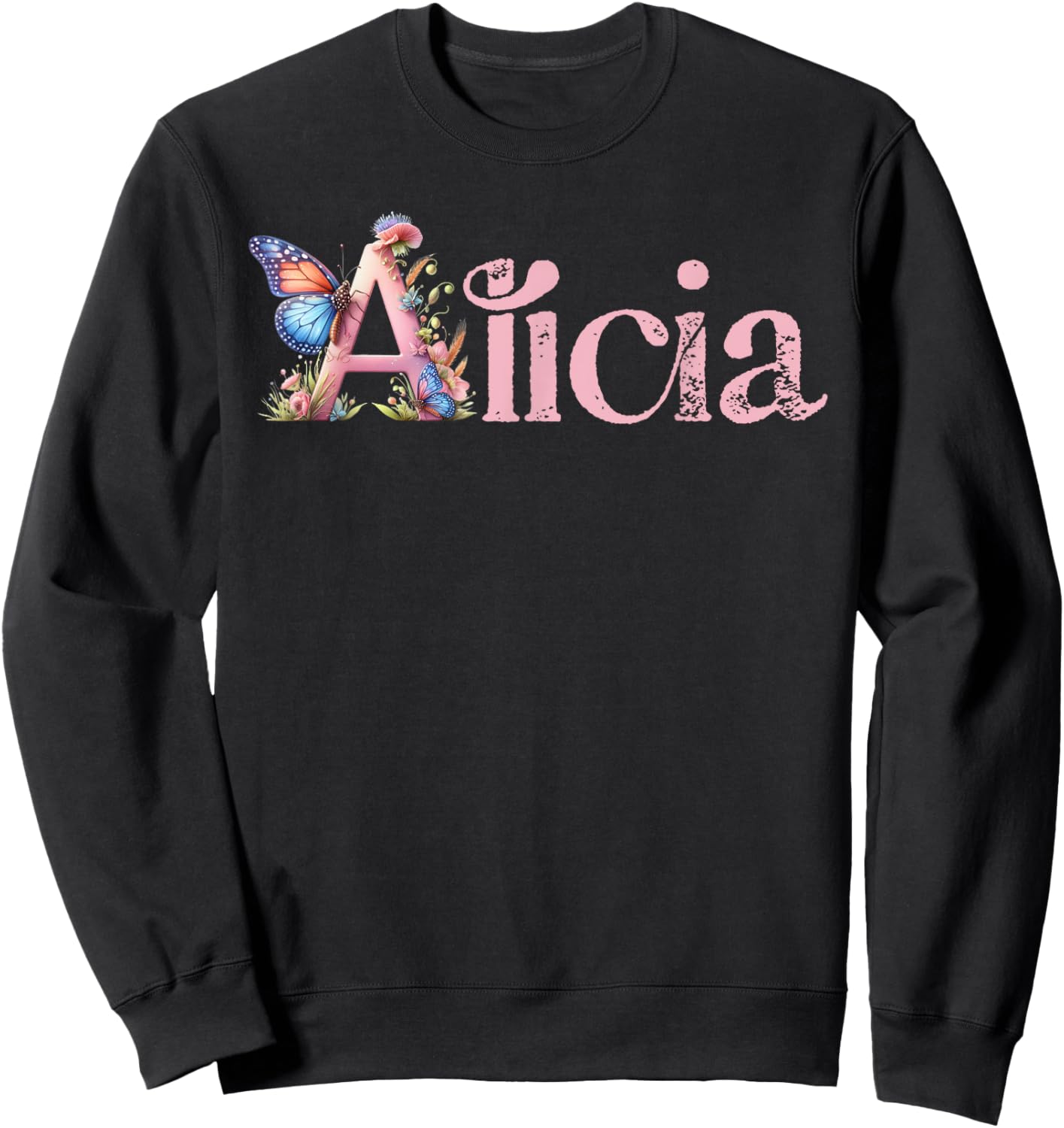 Alicia Initial A Spring Floral And Wings Name Sweatshirt - Sweatshirt | Black