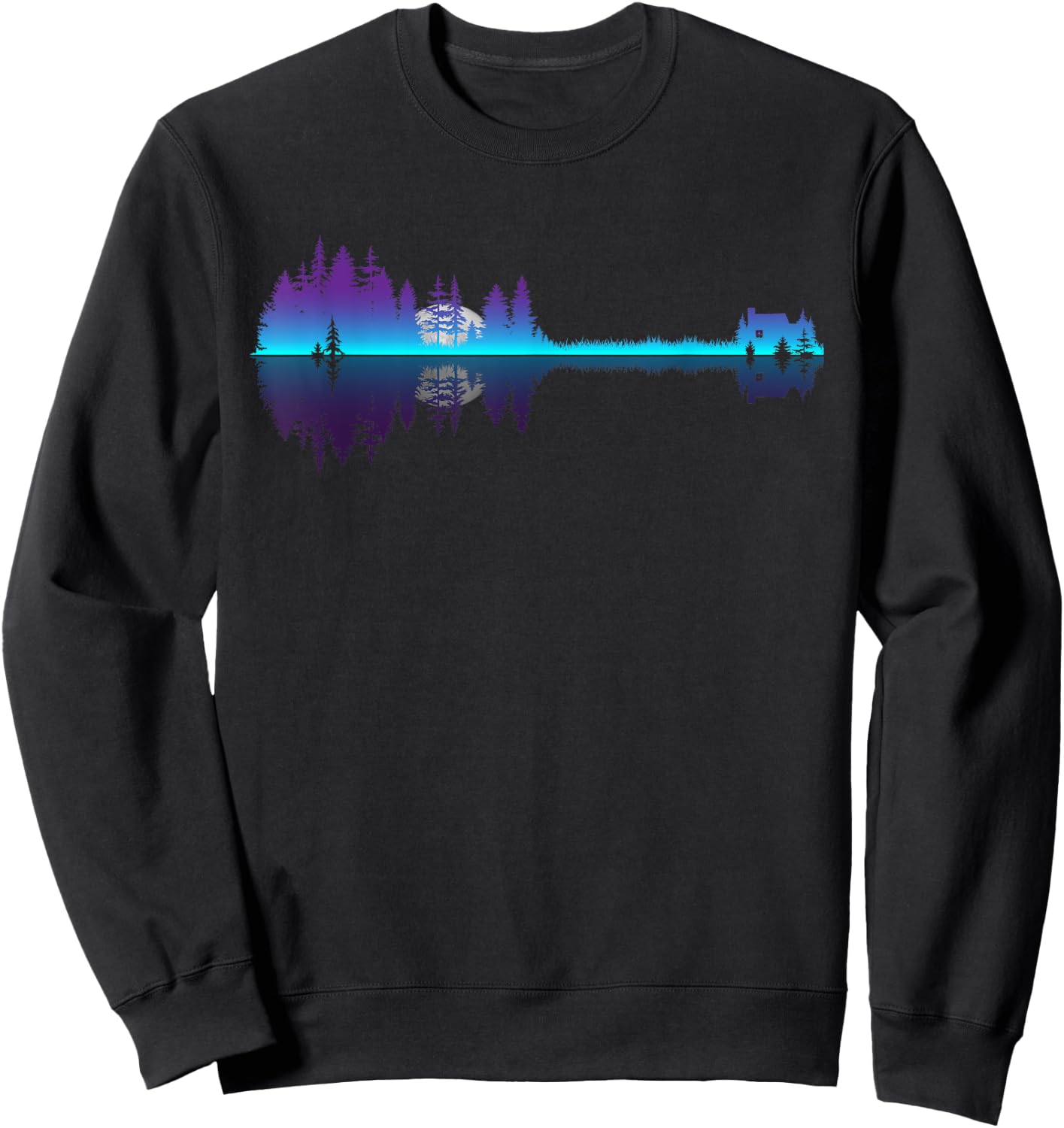 Musician Guitar Shaped Trees Lake Reflection of Cabin Moon Sweatshirt - Sweatshirt | Black