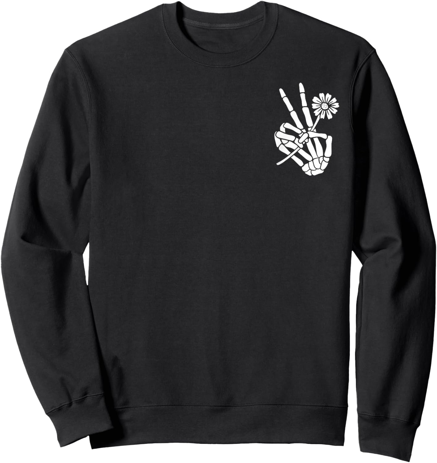 Skeleton Hand Holding Flower Peace Sign Halloween Pocket Sweatshirt - Sweatshirt | Black