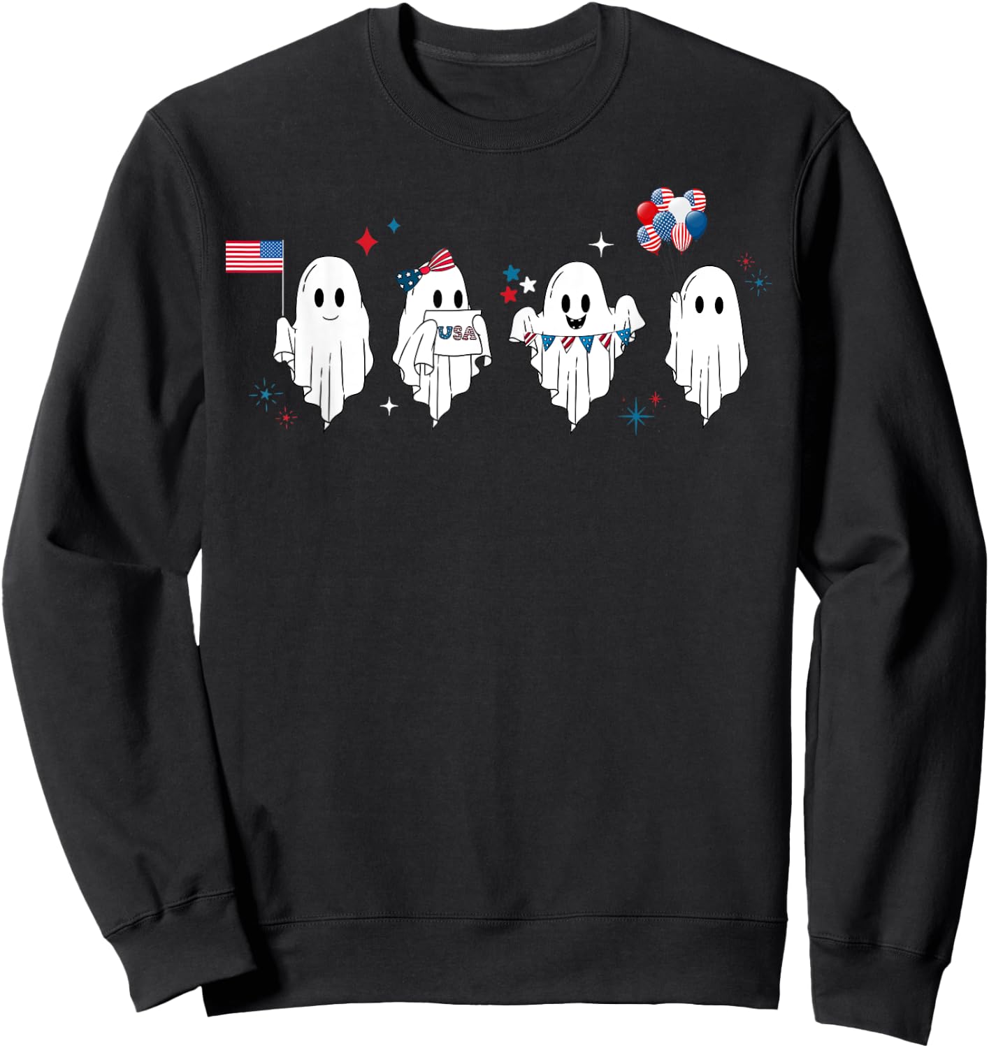 Cute Ghost American Flag Spooky Patriotic 4th Of July Sweatshirt - Sweatshirt | Black