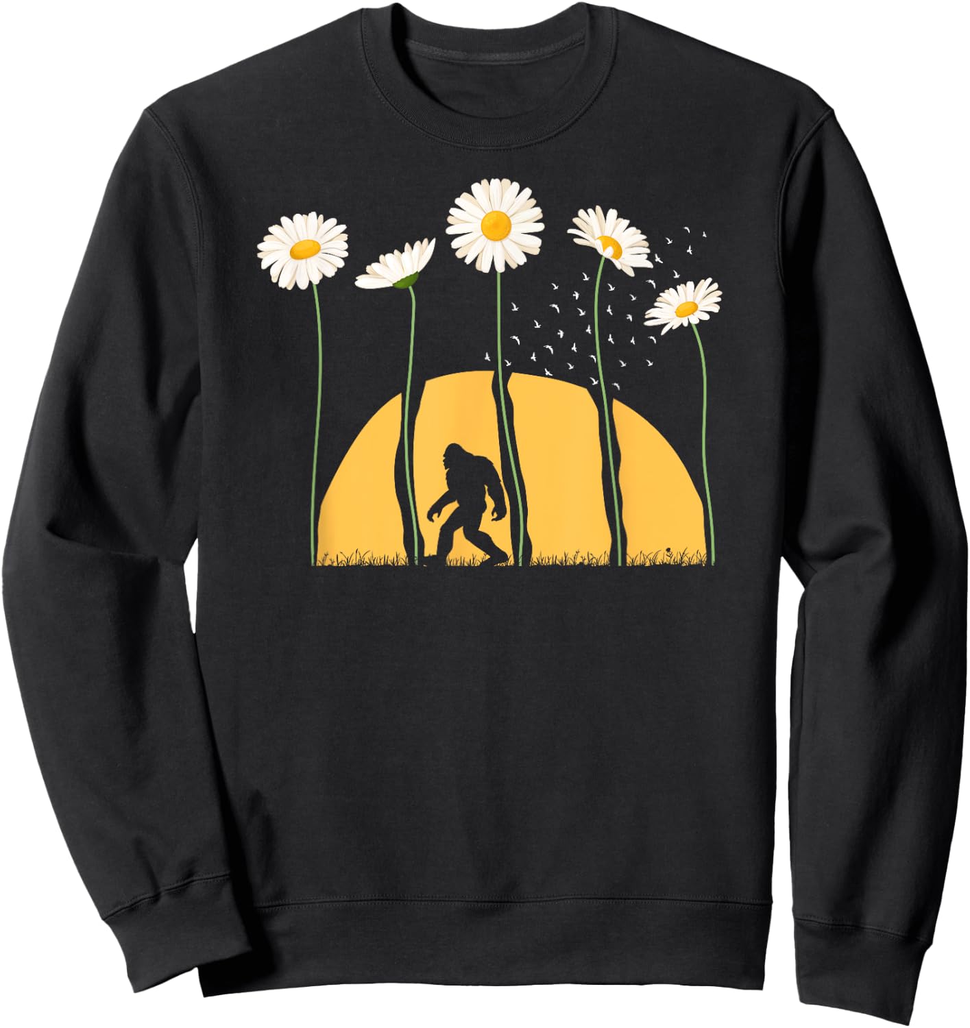 Sasquatch Spring Sunset Towering Daisy Flowers Bigfoot Sweatshirt - Sweatshirt | Black
