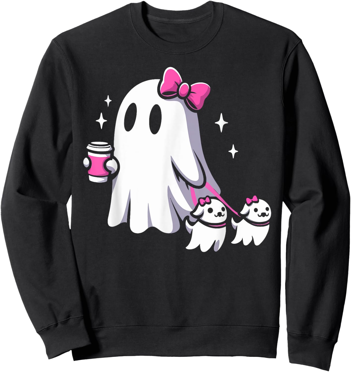 Halloween Cute Ghost Walking Dog Spooky Pink Coquette Ghost Men Women Girls Kids Sweatshirt - Sweatshirt | Black