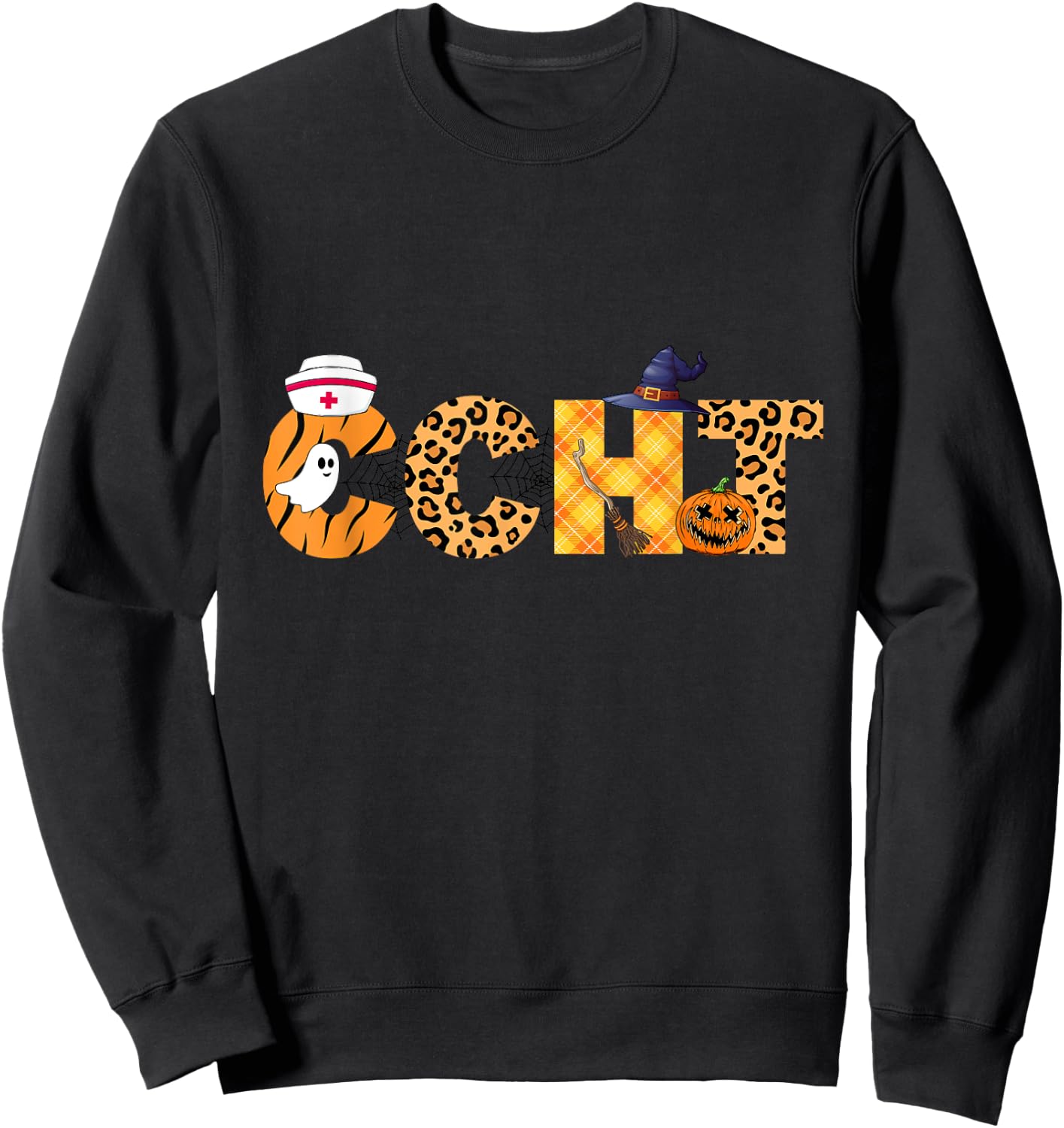 Leopard Ghost CCHT Halloween Costume Fall Scrub Top Women Sweatshirt - Sweatshirt | Black