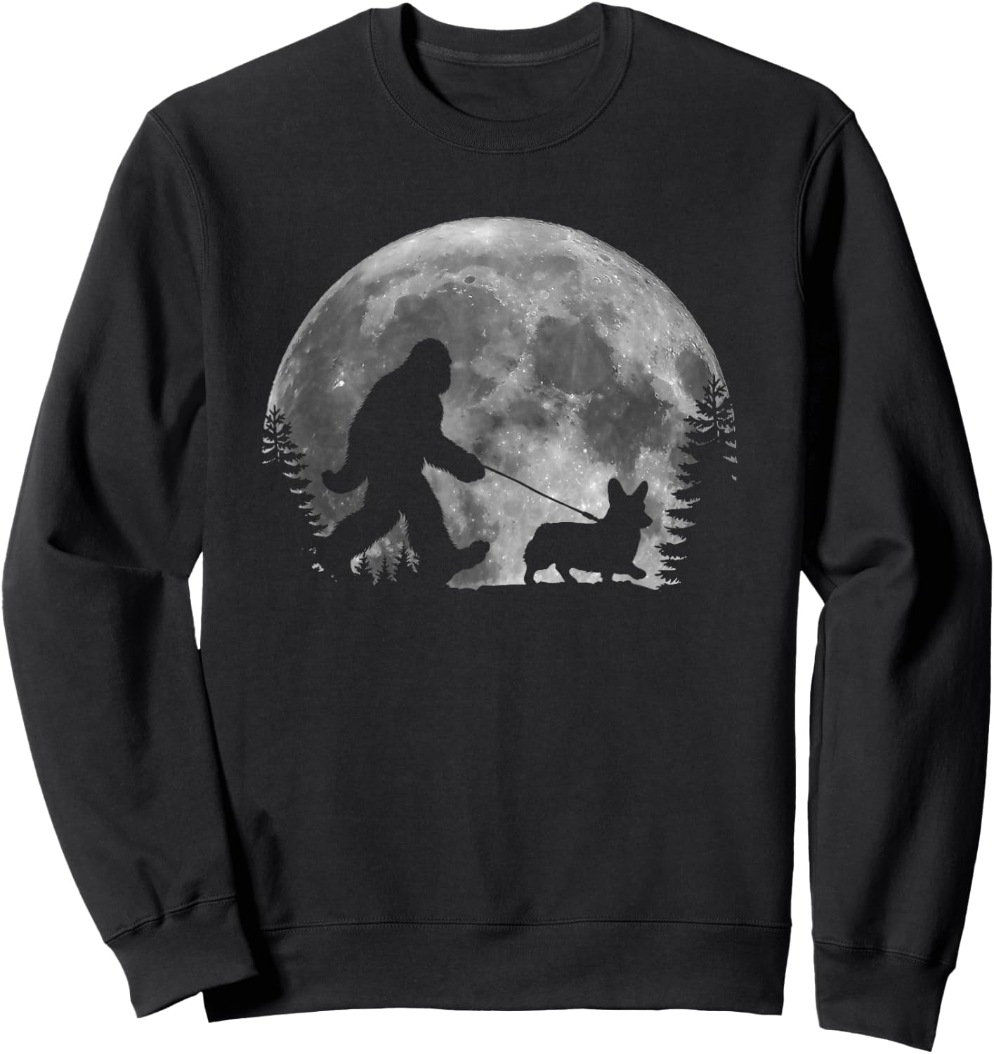 Bigfoot Walking a Dog Funny Corgi Lovers Moon Halloween Sweatshirt - Sweatshirt | Black