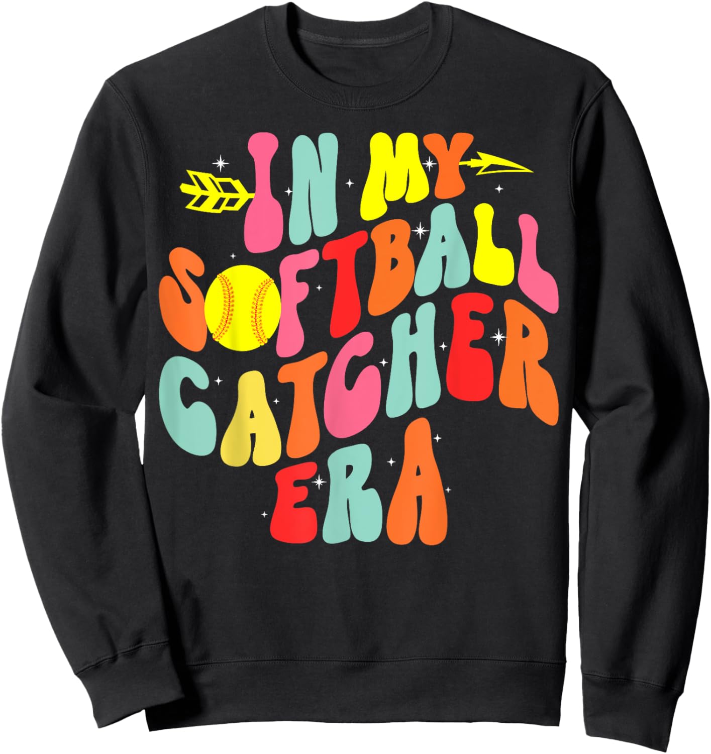 In My Softball Catcher Era Groovy Softball Player Game Day Sweatshirt - Sweatshirt | Black