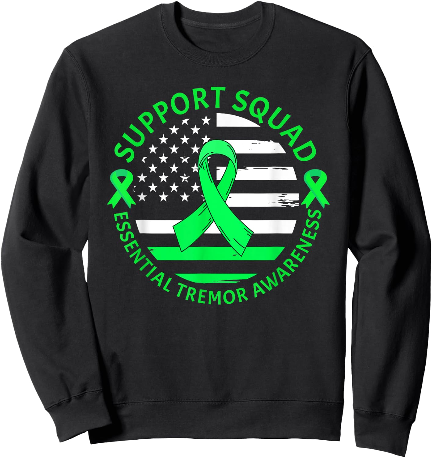 Essential Tremor Support Squad Warrior Green Ribbon USA Flag Sweatshirt - Sweatshirt | Black