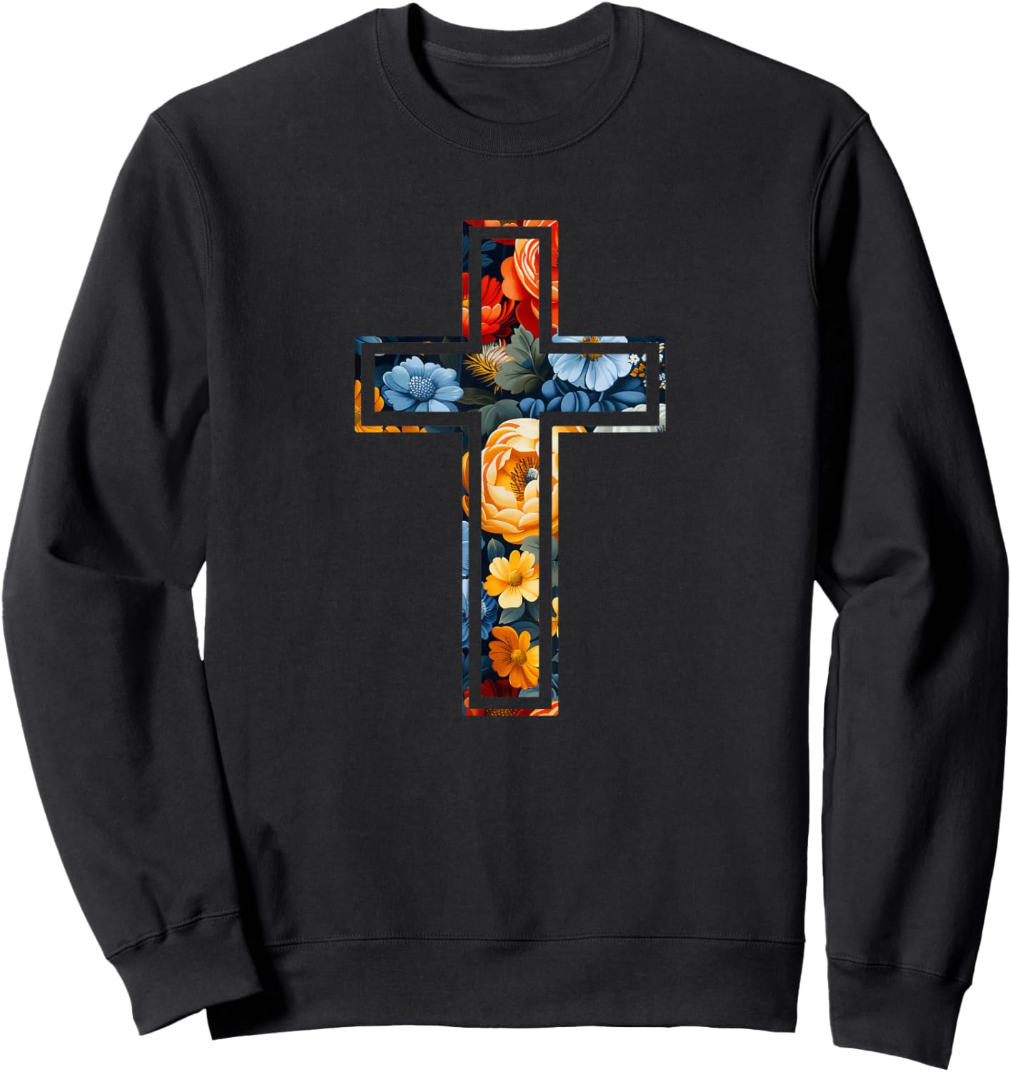 Elegant Silhouette Flowers Faith Floral Christian Cross Sweatshirt - Sweatshirt | Black