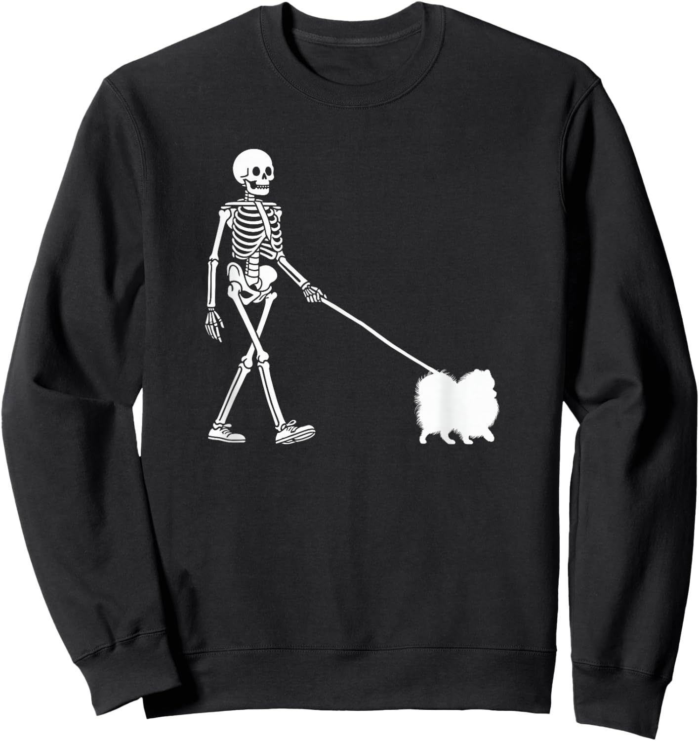 Skeleton Walking a Dog Pomeranian Halloween Outfit Women Kids Sweatshirt - Sweatshirt | Black