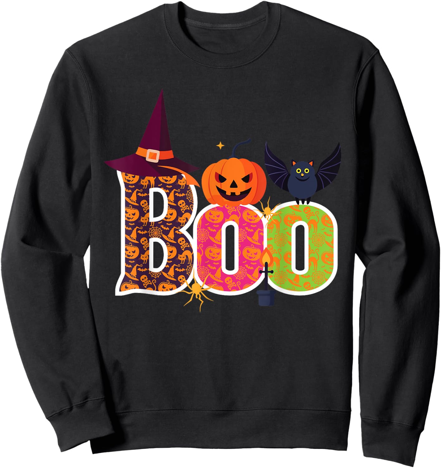 Haunted BOO Halloween Witch Pumpkin Bat Adults Kids Sweatshirt - Sweatshirt | Black
