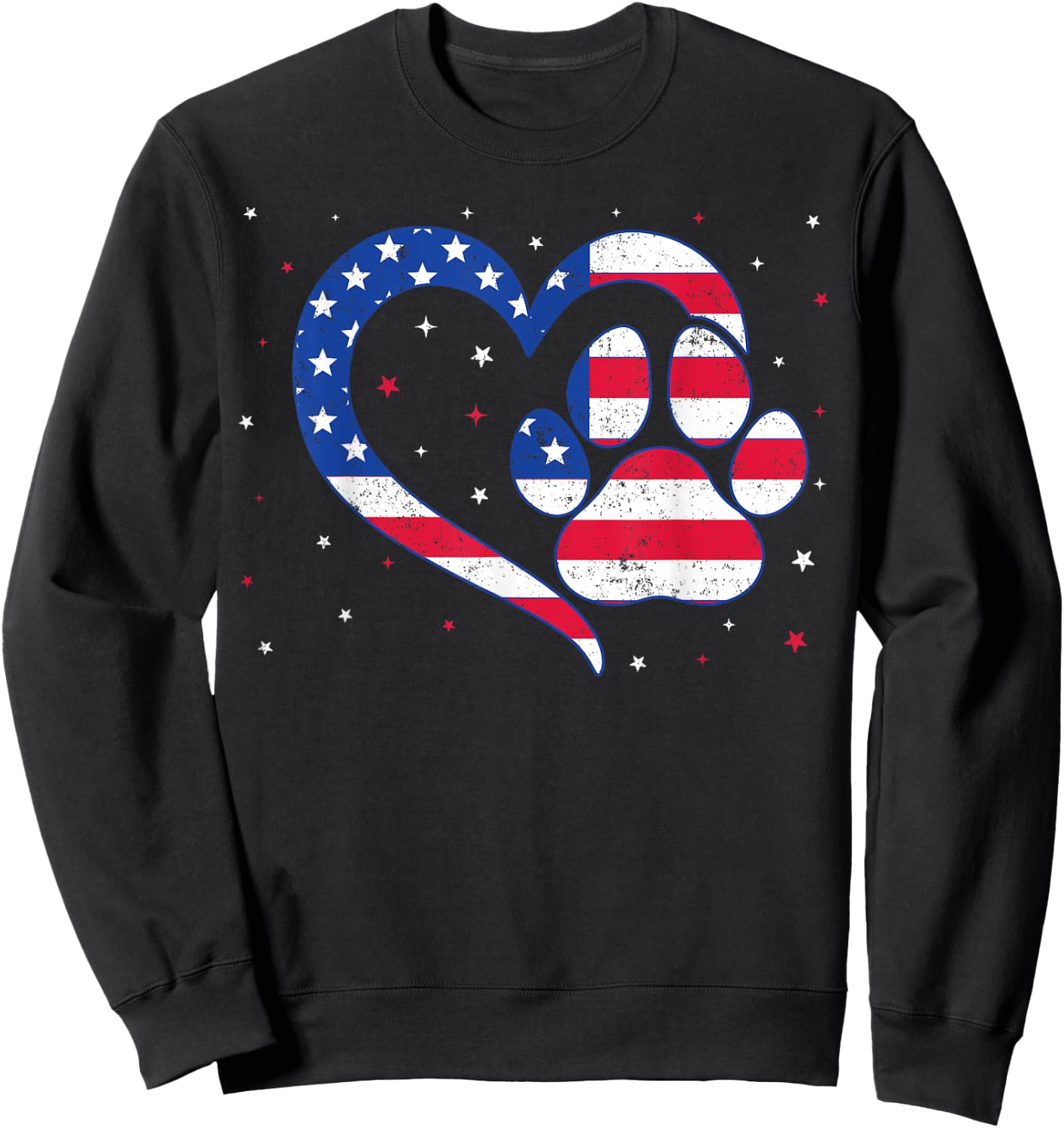 Cat & Dog Paw Heart American Flag Patriotic USA 4th Of July Sweatshirt - Sweatshirt | Black
