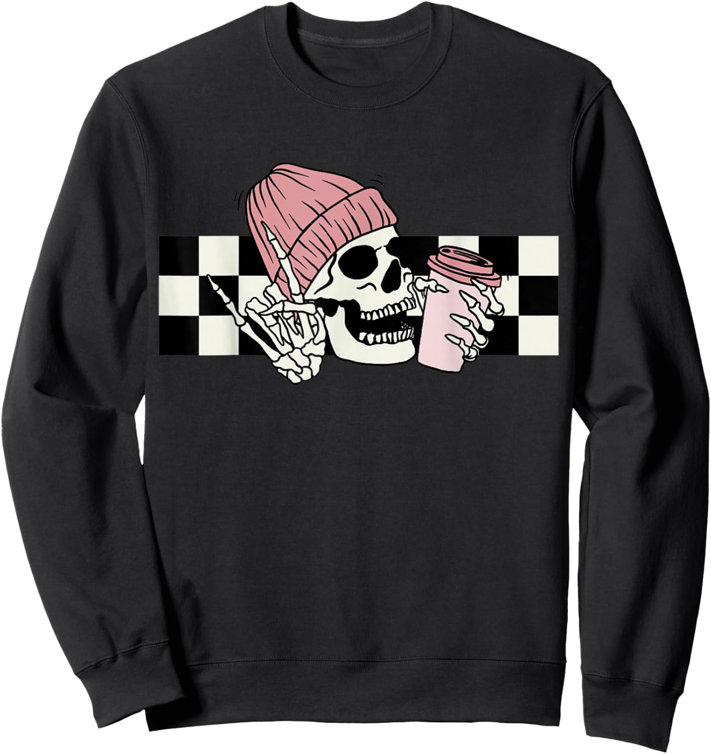 Skeleton Peace Sign Coffee Checkerboard Sweatshirt - Sweatshirt | Black