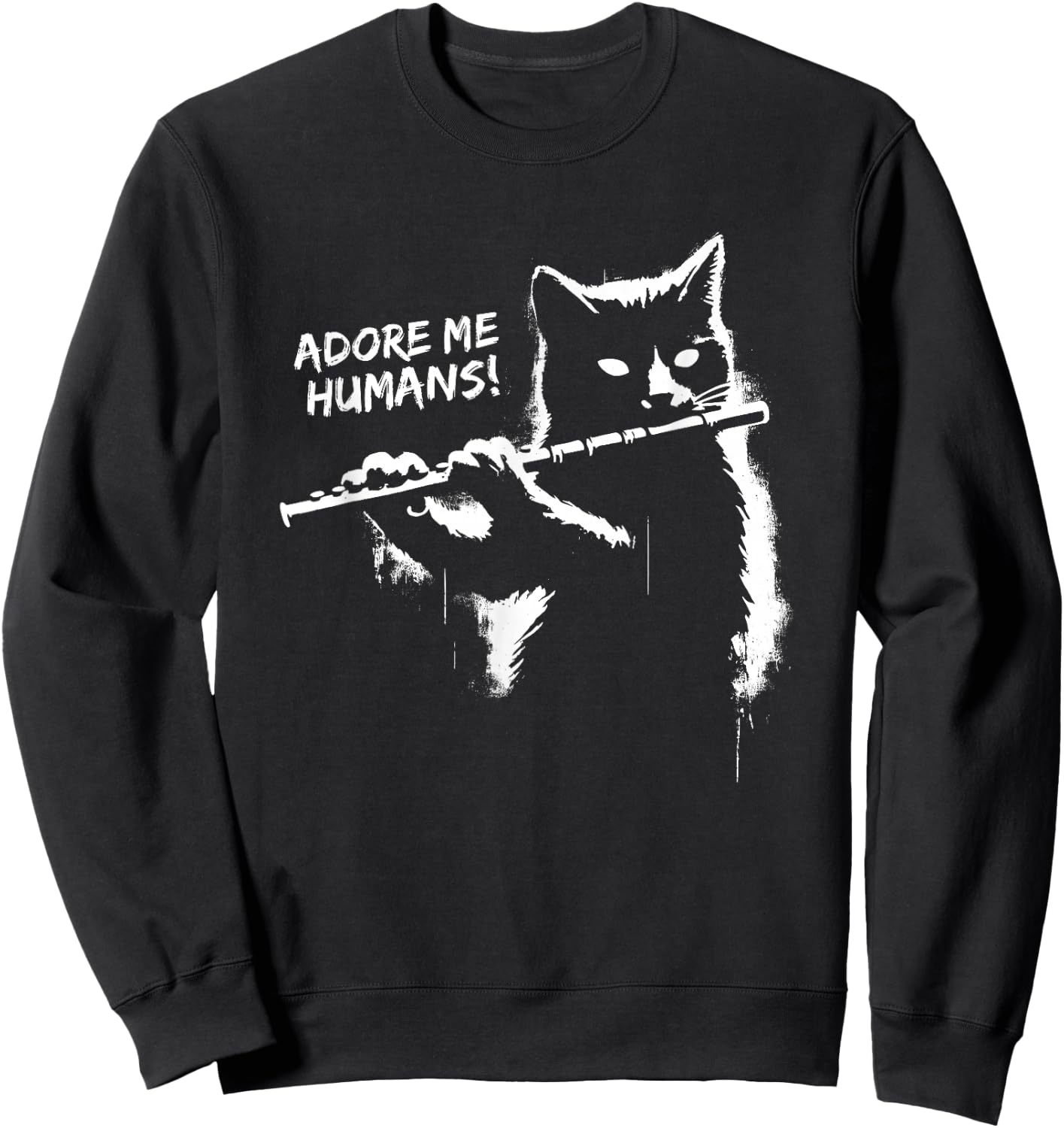Retro Cat Apparel Gifts Black Cat Playing Flute - Funny Graphic Cat Kitten Lover , Small Sweatshirt - Sweatshirt | Black