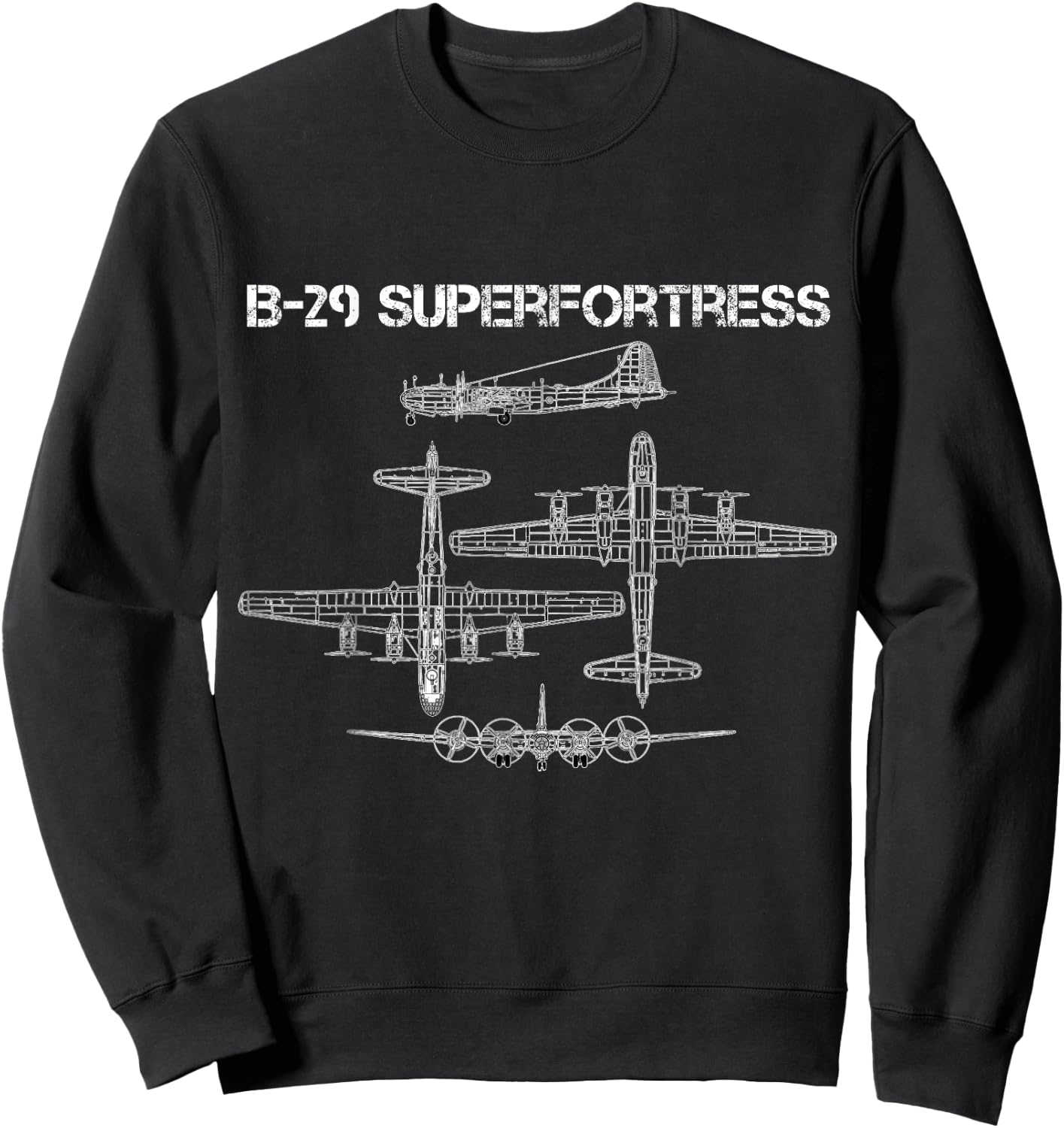 B-29 Superfortress WW2 Heavy Bomber Aircraft Blueprint Sweatshirt - Sweatshirt | Black