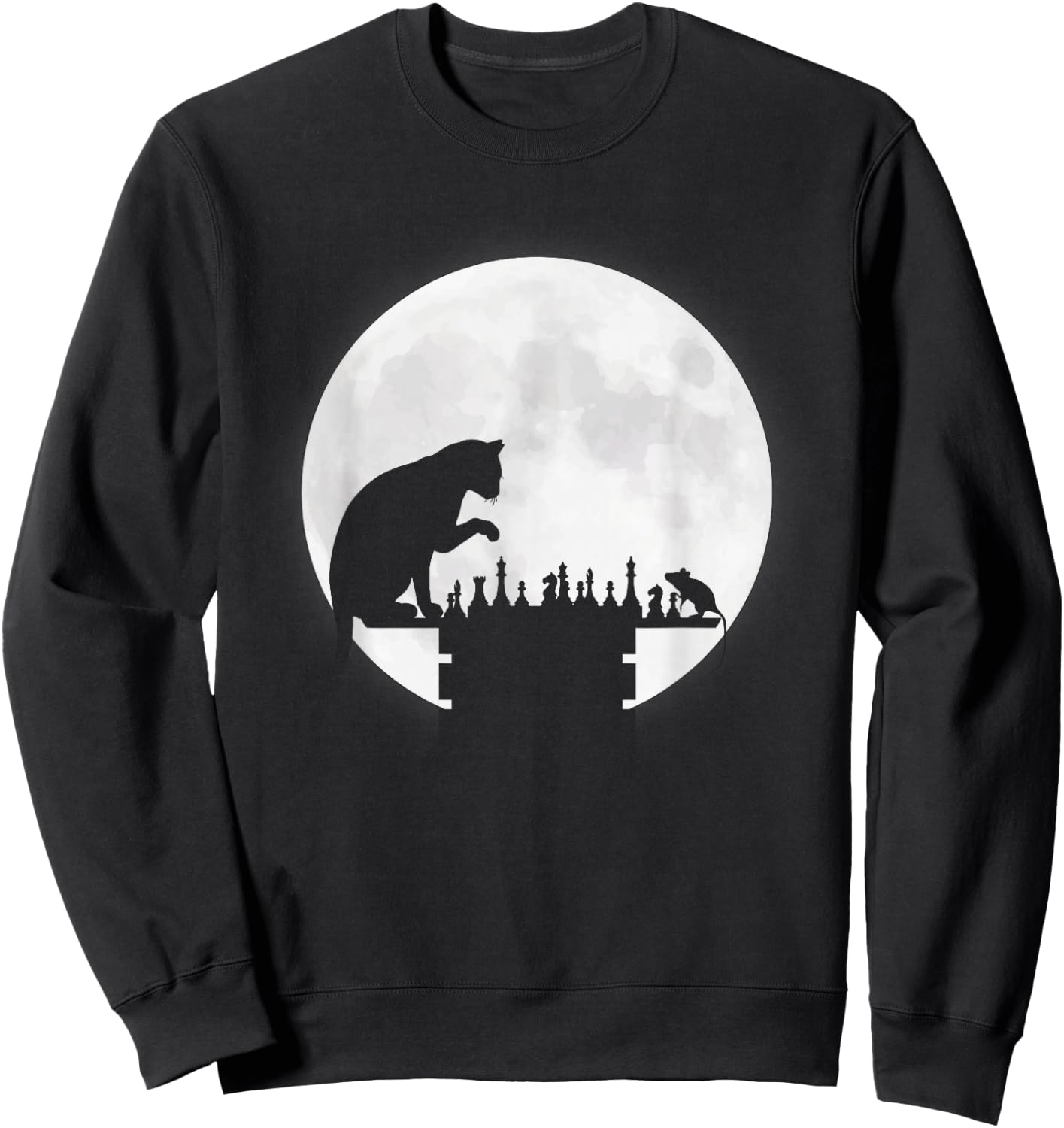 Funny Chess Board Cat Mouse Chess Playing Moon Graphics Gift Sweatshirt - Sweatshirt | Black