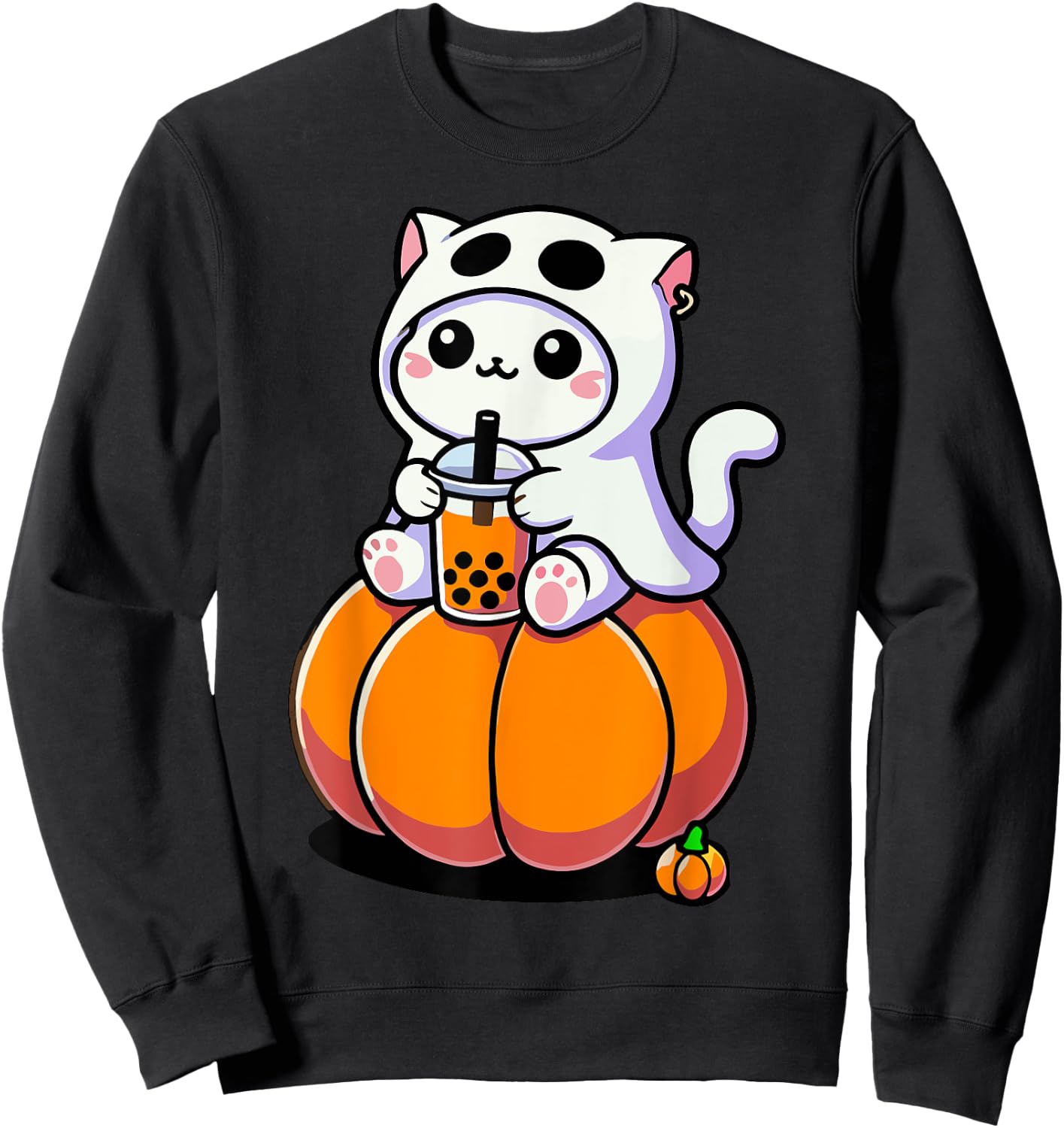 Cute Halloween Cat in Ghost Costume Drinking Boba Tea Men Women Kids Sweatshirt - Sweatshirt | Black
