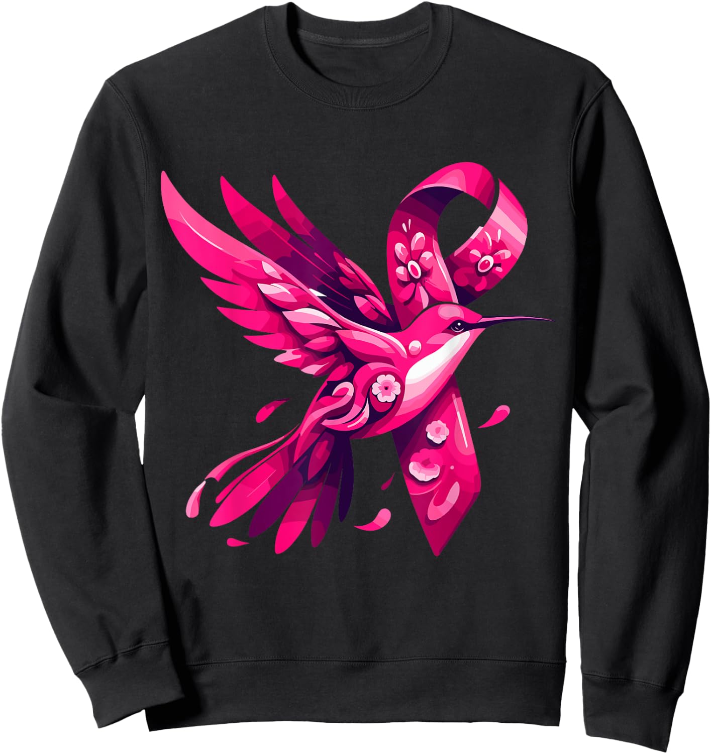 Hummingbird Flower Pink Ribbon Breast Cancer Awareness Sweatshirt - Sweatshirt | Black