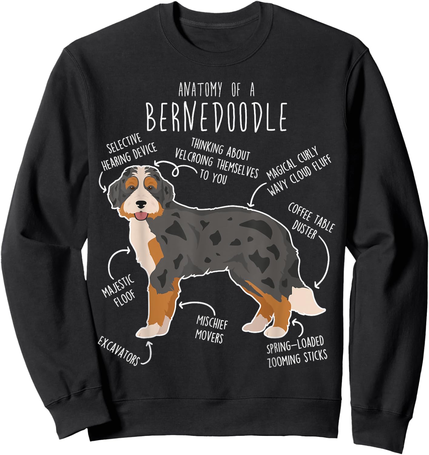 Bernedoodle Dog Anatomy, Black Merle Tri Cute Funny Pet Mom Women Girls Kids Sweatshirt - Sweatshirt | Black