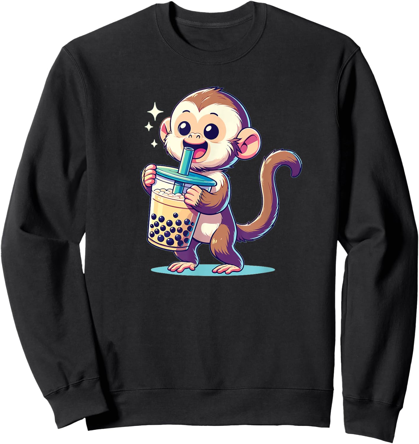 Kawaii Monkey Bubble Tea Boba Cappuccino Monkey Sweatshirt - Sweatshirt | Black