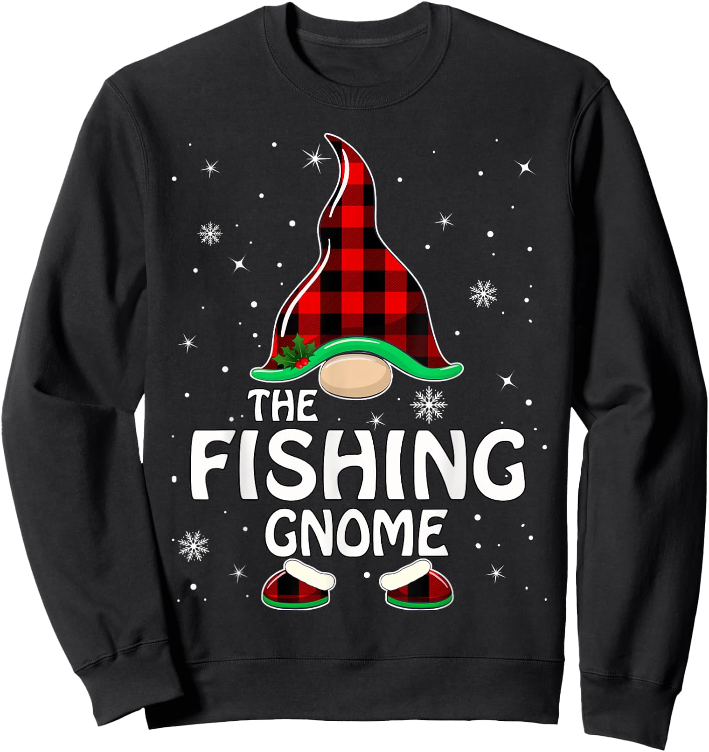 Fishing Gnome Buffalo Plaid Matching Family Christmas Pajama Sweatshirt - Sweatshirt | Black