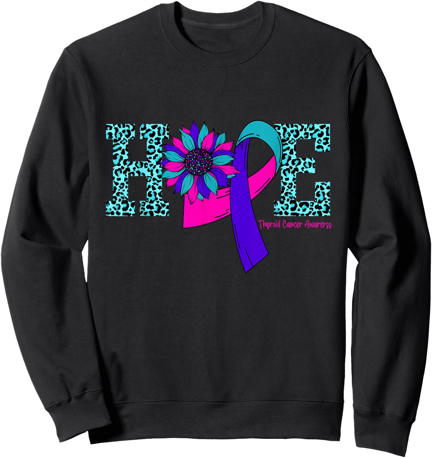 Thyroid Cancer Hope Ribbon Leopard Thyroid Awareness Sweatshirt - Sweatshirt | Black