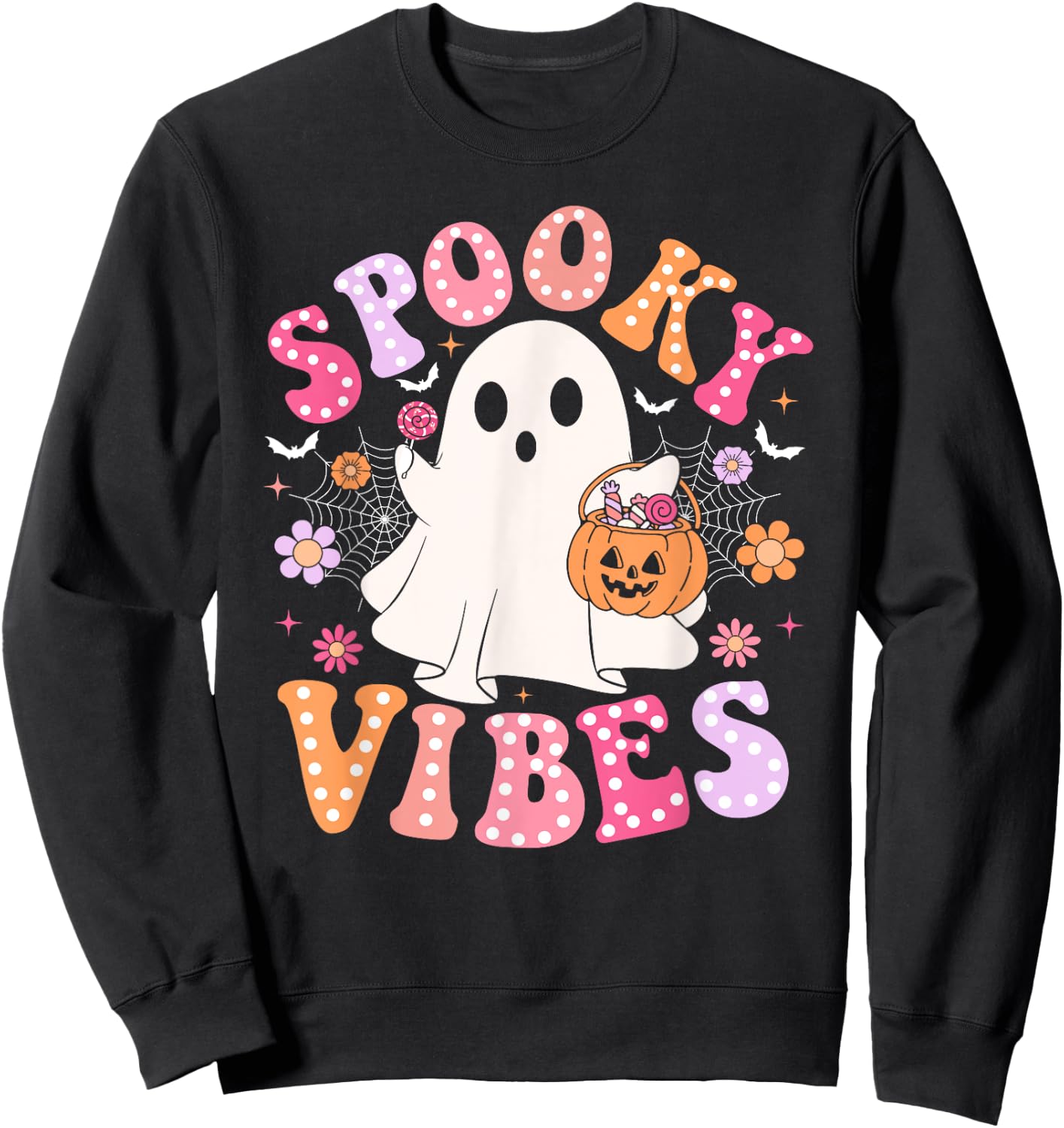 Spooky Vibes Ghost Retro Groovy Halloween Women Girls Kids Sweatshirt - Sweatshirt | Black