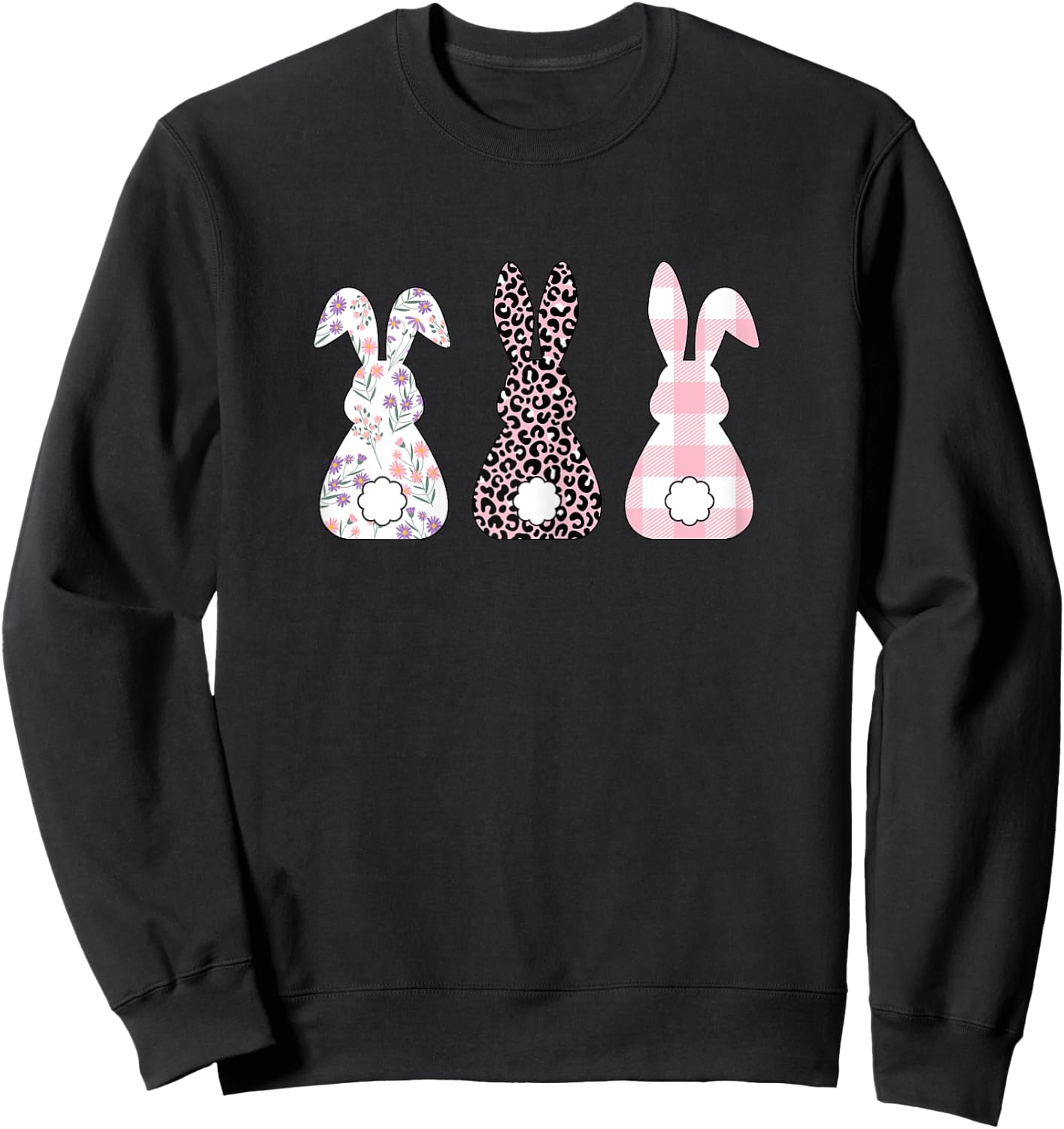 Cute Pink Leopard Plaid Flower Happy Easter Bunny Rabbit Sweatshirt - Sweatshirt | Black