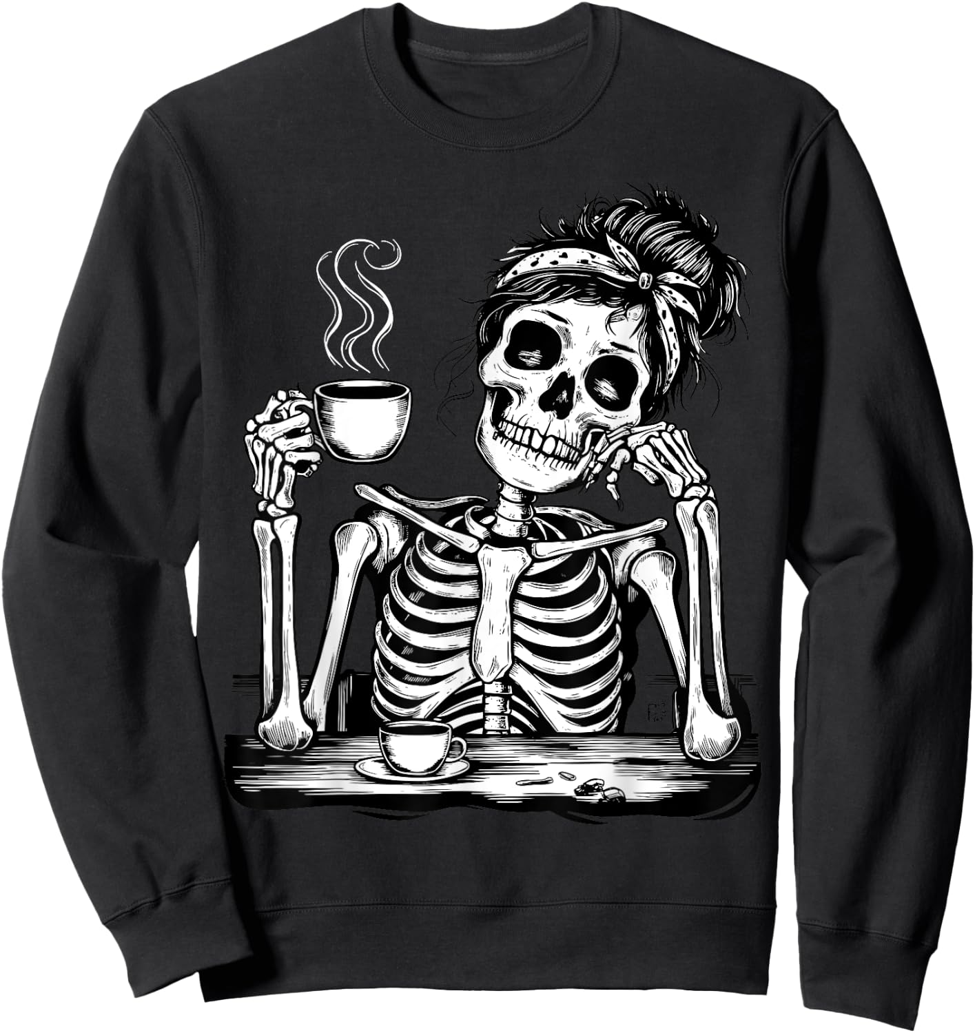 Messy Bun Drinking Coffee Skeleton Tired Mom Sweatshirt - Sweatshirt | Black