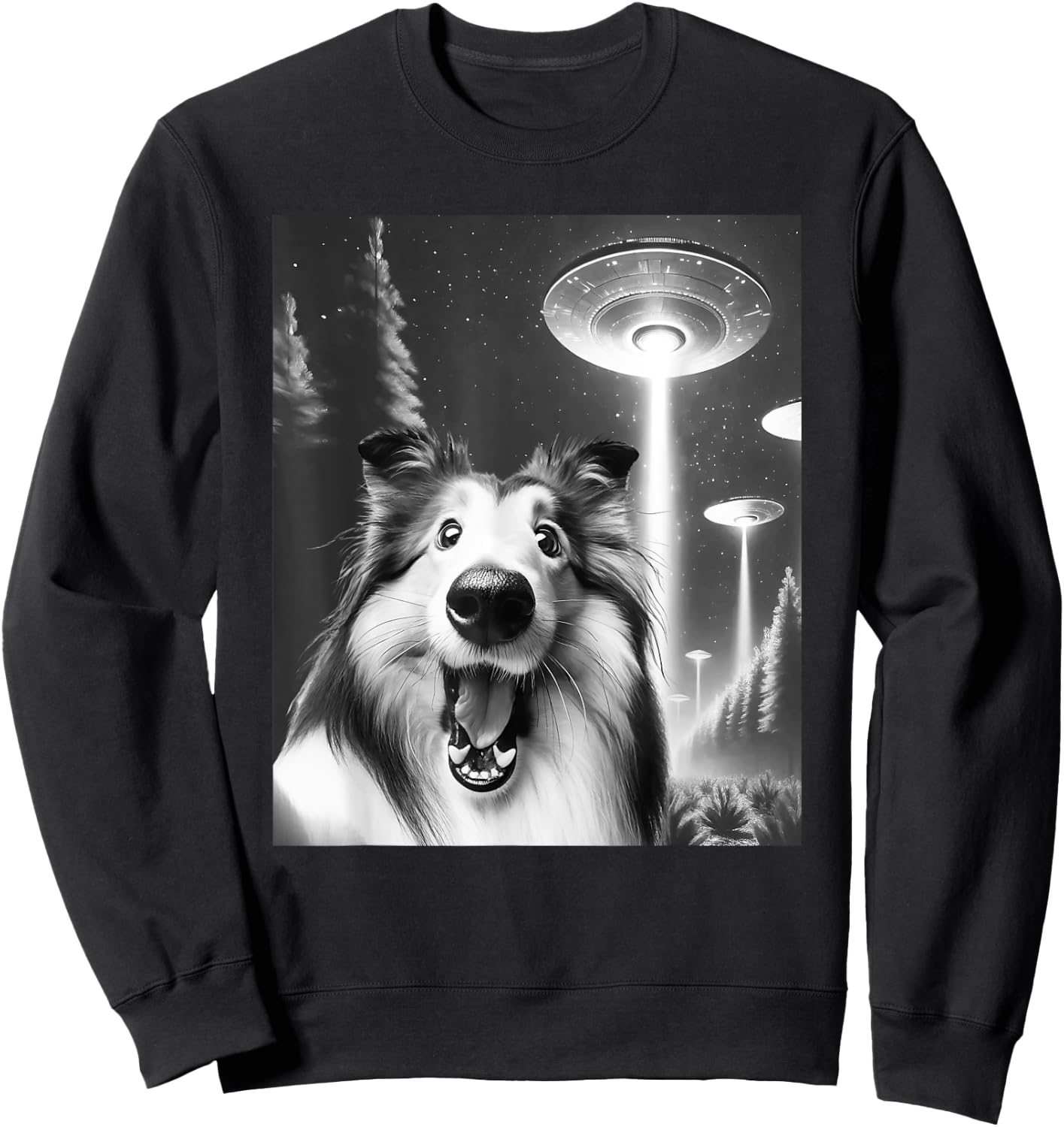 Funny Rough Collie Alien UFO Taking a Selfie Dog Mom Dad Women Kids Sweatshirt - Sweatshirt | Black