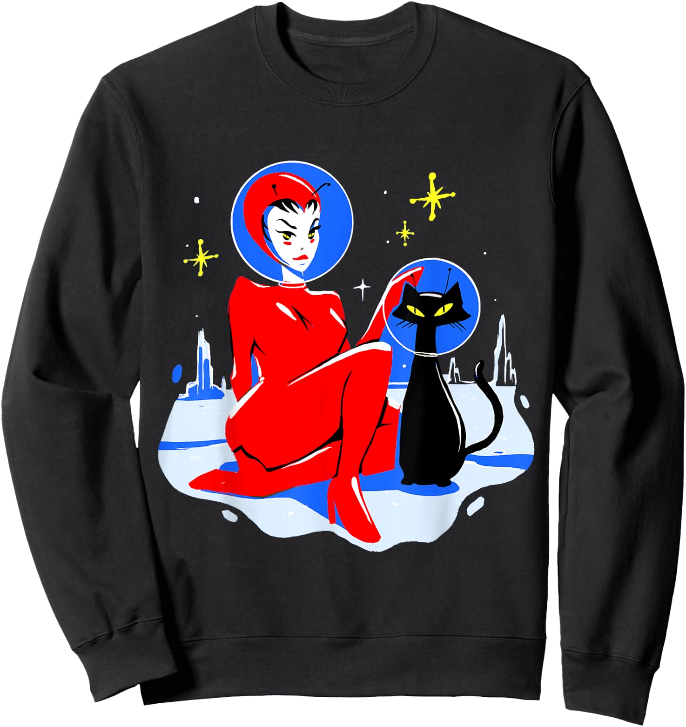 Mid Century Space Cat Retro Atomic Age Alien Pin Up Girl Sweatshirt - Sweatshirt | Black