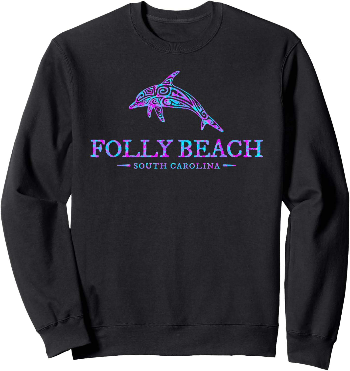Folly Beach SC Colorful Dolphin Vacation Souvenir Sweatshirt - Sweatshirt | Black