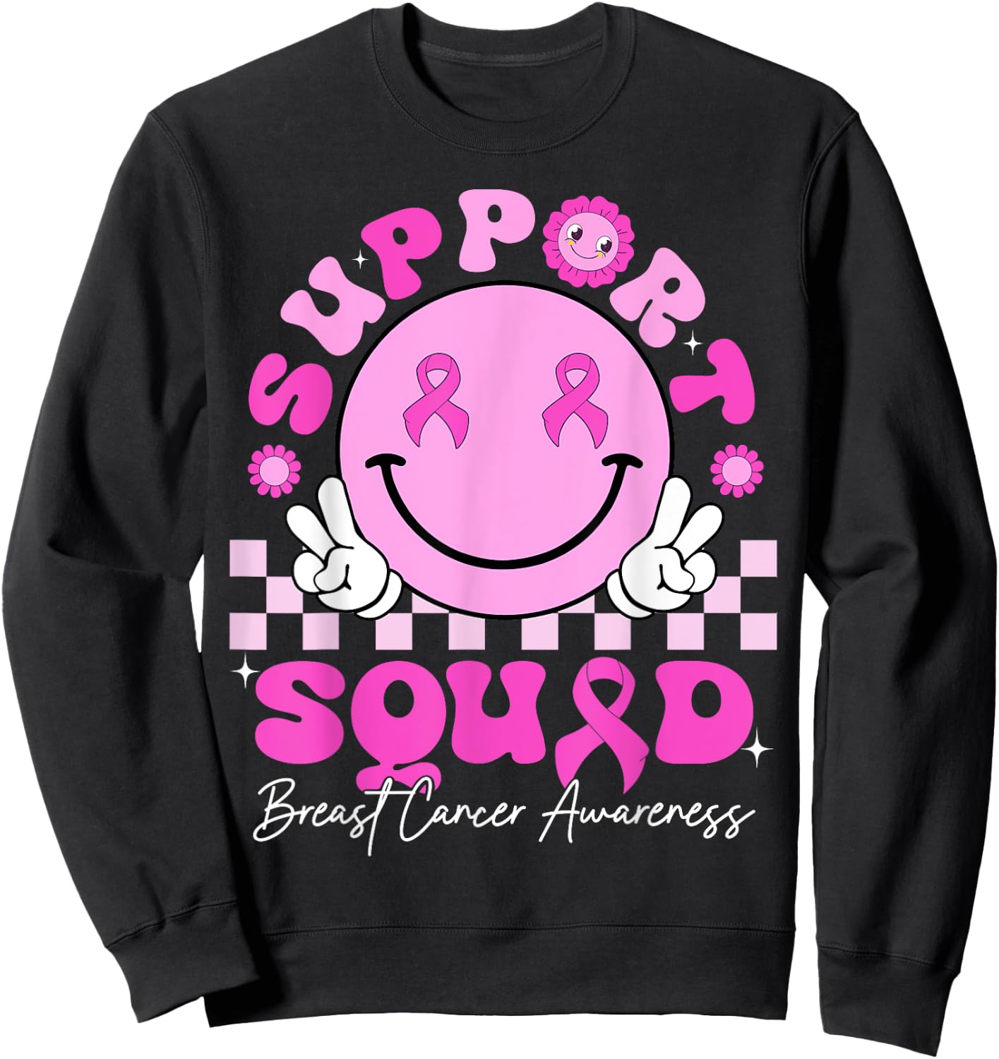 Retro Groovy Support Squad Breast Cancer Awareness October Sweatshirt - Sweatshirt | Black