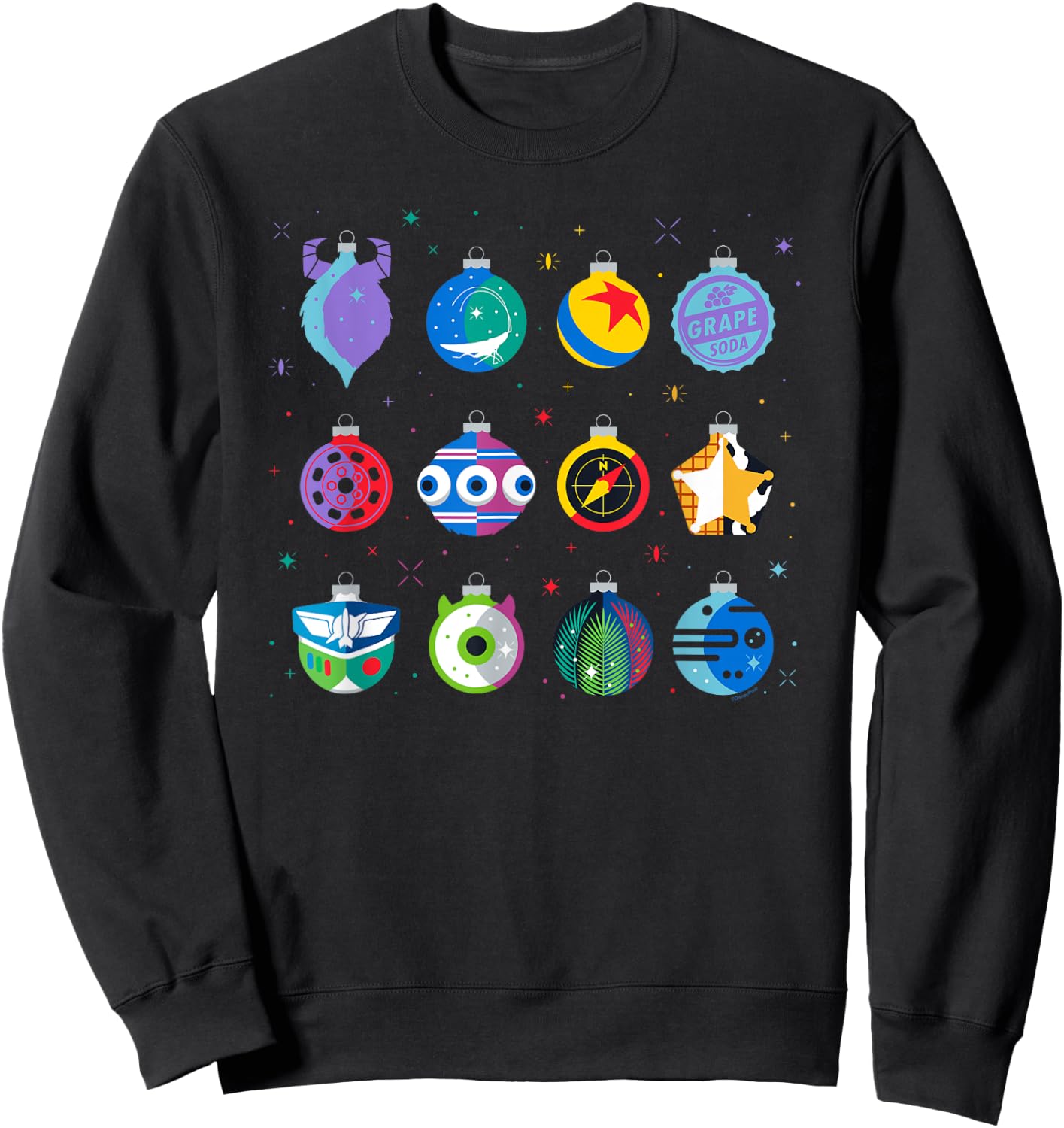Disney and Pixar Christmas 12 Holiday Character Ornaments Sweatshirt - Sweatshirt | Black