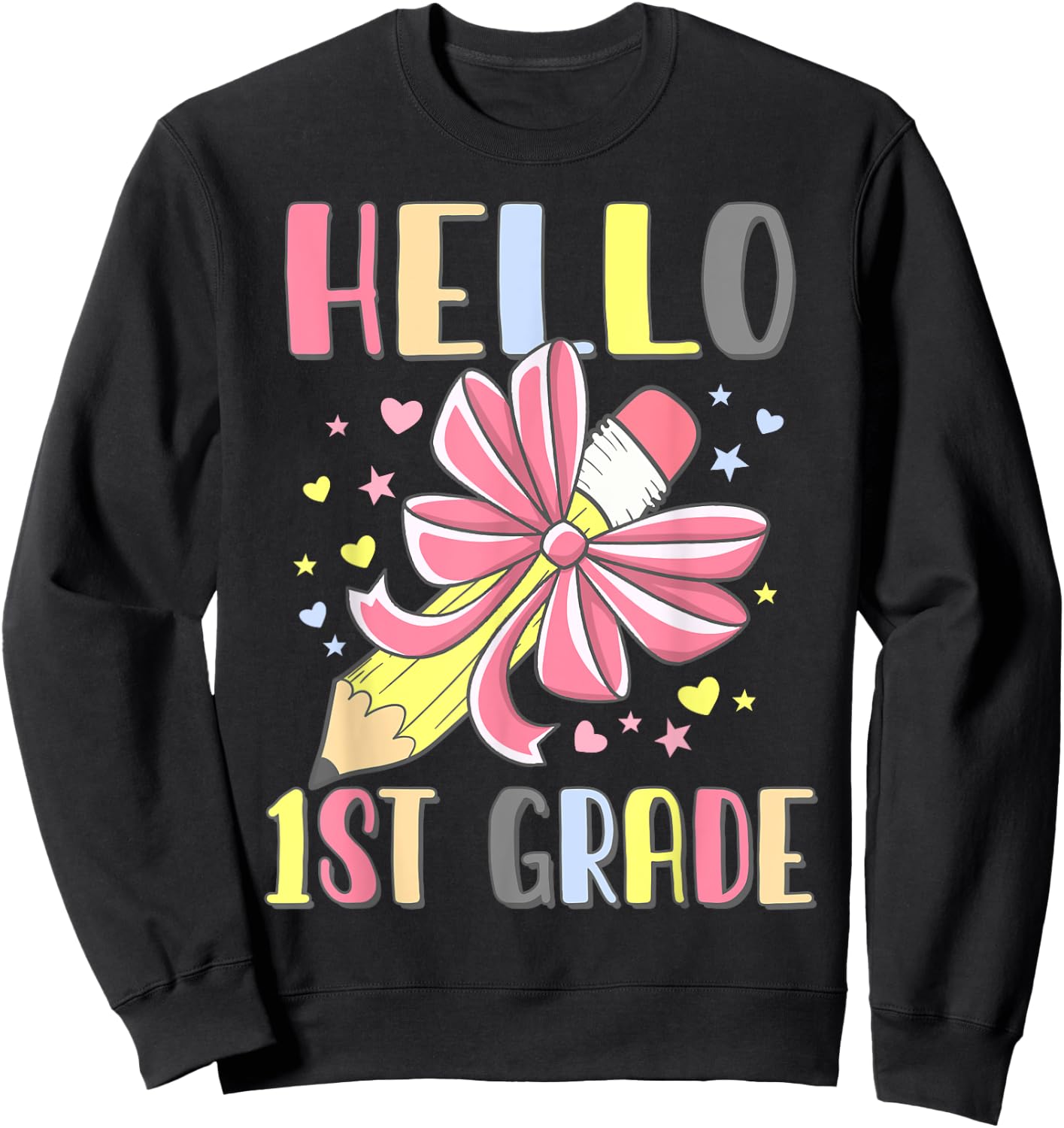 Hello First Grade Girl Coquette Bow Back To School 1st Grade Sweatshirt - Sweatshirt | Black