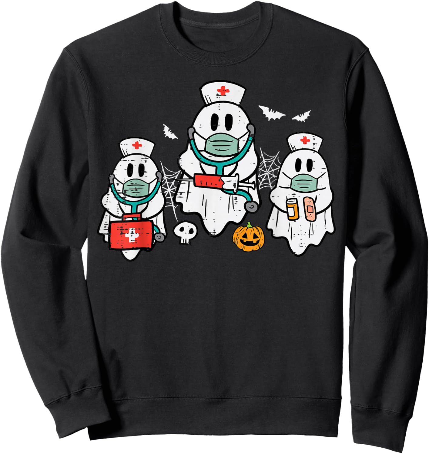 Halloween Ghost Nurses Funny ER Crew Costume Scrub Top Women Sweatshirt - Sweatshirt | Black