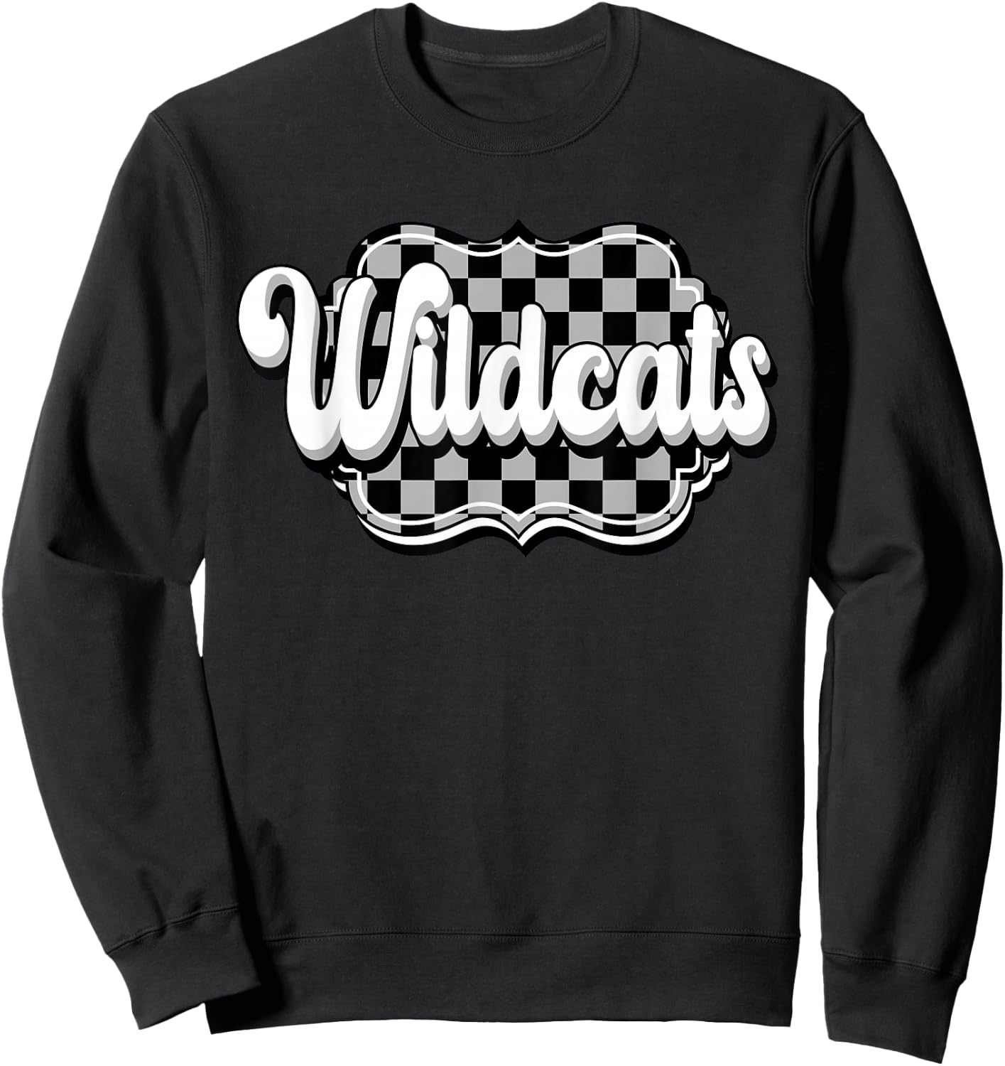 Wildcats School Spirit Retro Wildcats Checkered Print Sweatshirt - Sweatshirt | Black