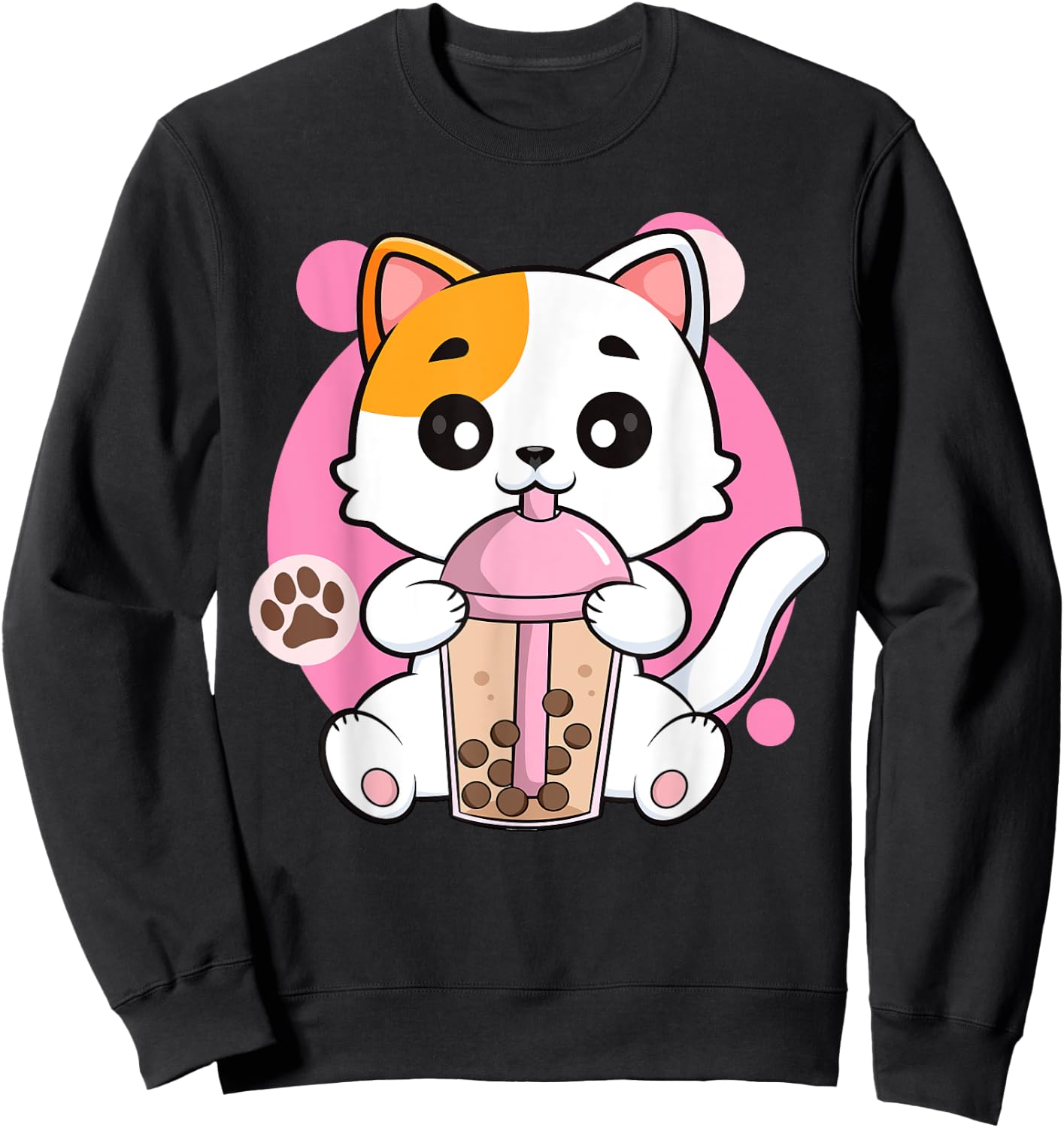 Cute Cat Shirt Boba Tea Anime Japanese Kids Teen Girl Kawaii Sweatshirt - Sweatshirt | Black