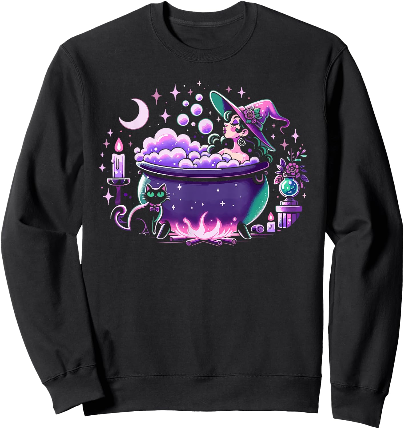 Witch Bubble Bath Cauldron Purple Pink Pastel Goth Cute Cat Sweatshirt - Sweatshirt | Black