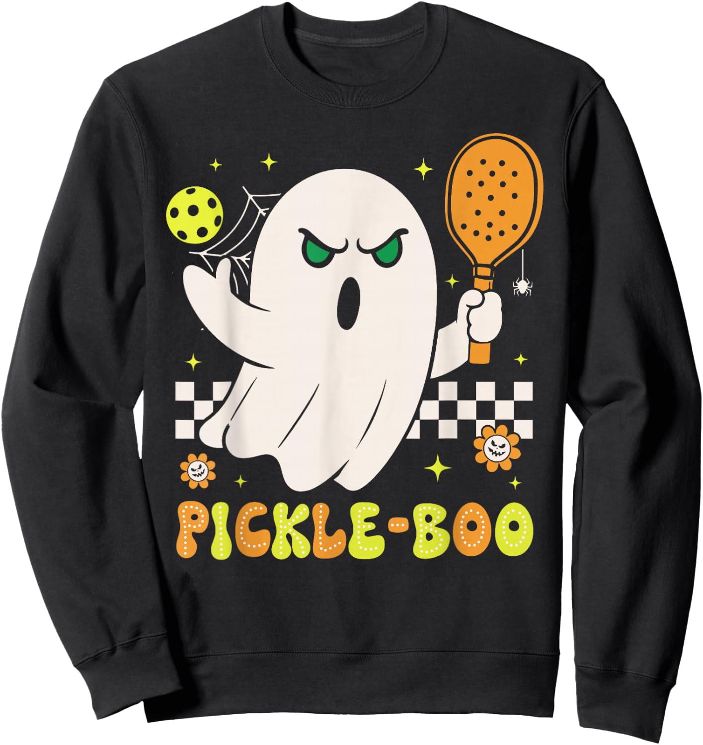 Groovy Halloween Pickleball Pickle Boo Ghost Men Women Kids Sweatshirt - Sweatshirt | Black