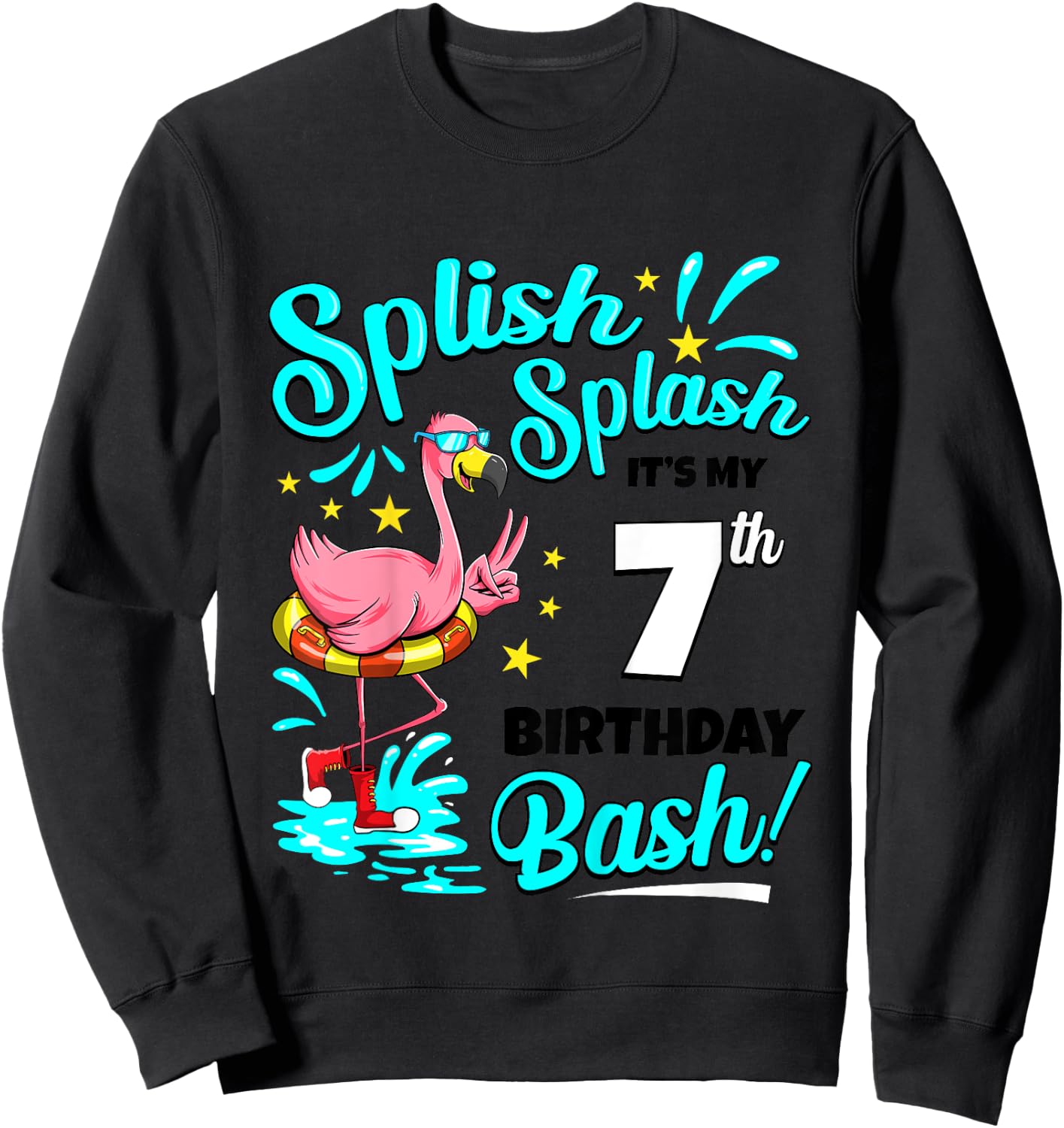 7th Birthday Flamingo 7 Years Old Pool Party Summer Girls Kids Sweatshirt - Sweatshirt | Black