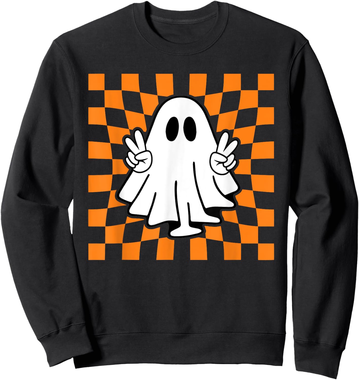 Peace Sign Halloween Ghost Boo Check Pattern Sweatshirt - Sweatshirt | Black