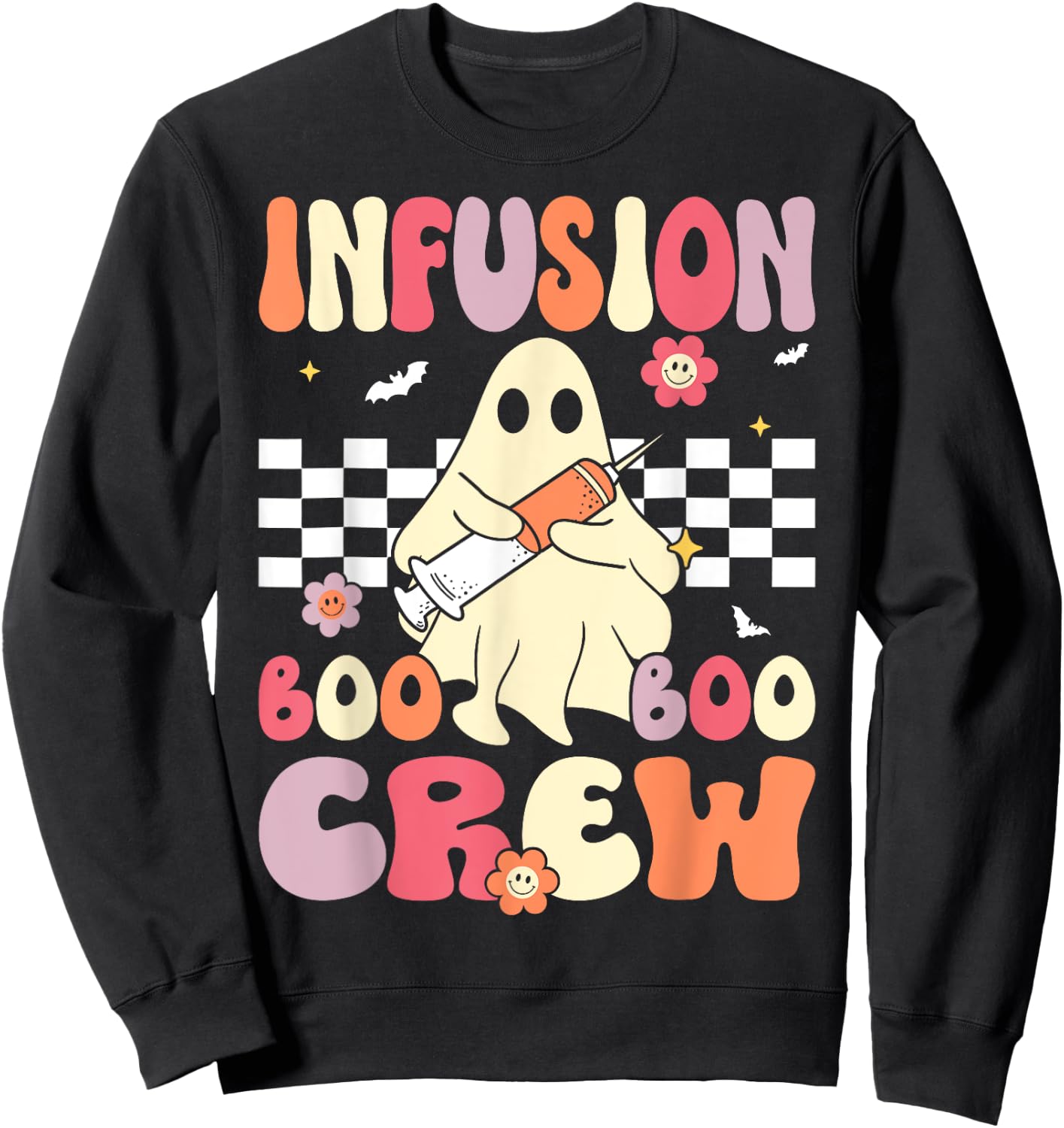 Infusion Nurse Boo Crew Groovy Retro Nurse Halloween Sweatshirt - Sweatshirt | Black