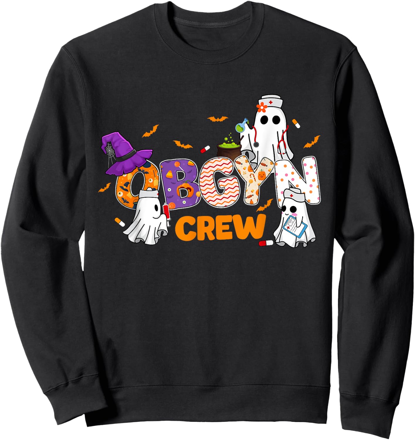Halloween OBGYN Crew Cute Boo Ghost Nurse Nursing Scrub Sweatshirt - Sweatshirt | Black