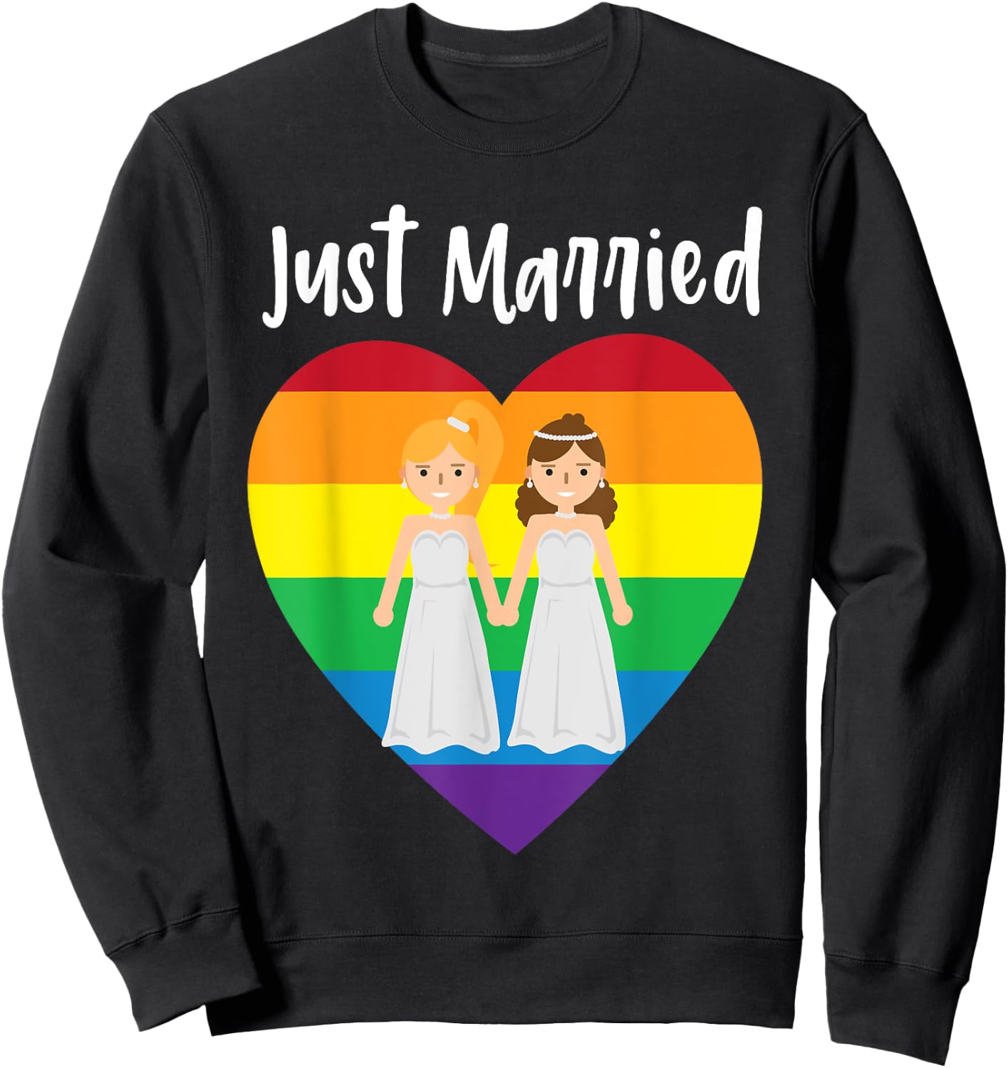 Just Married Double Bride Lesbian Pride Rainbow Color Print Sweatshirt - Sweatshirt | Black