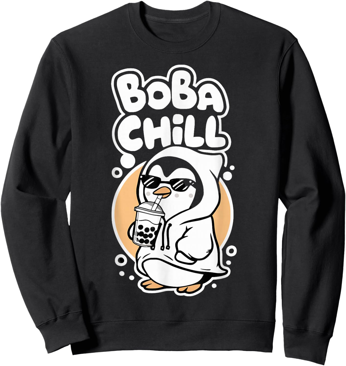 Boba Chill Kawaii Penguin Bubble Mike Tea Drink Cool Penguin Sweatshirt - Sweatshirt | Black