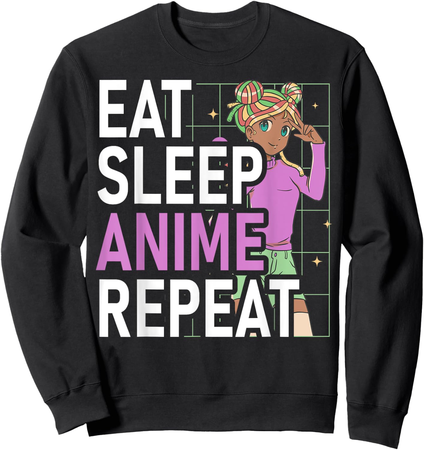Eat Sleep Anime Repeat Anime Black Girl Afro Manga Otaku Sweatshirt - Sweatshirt | Black